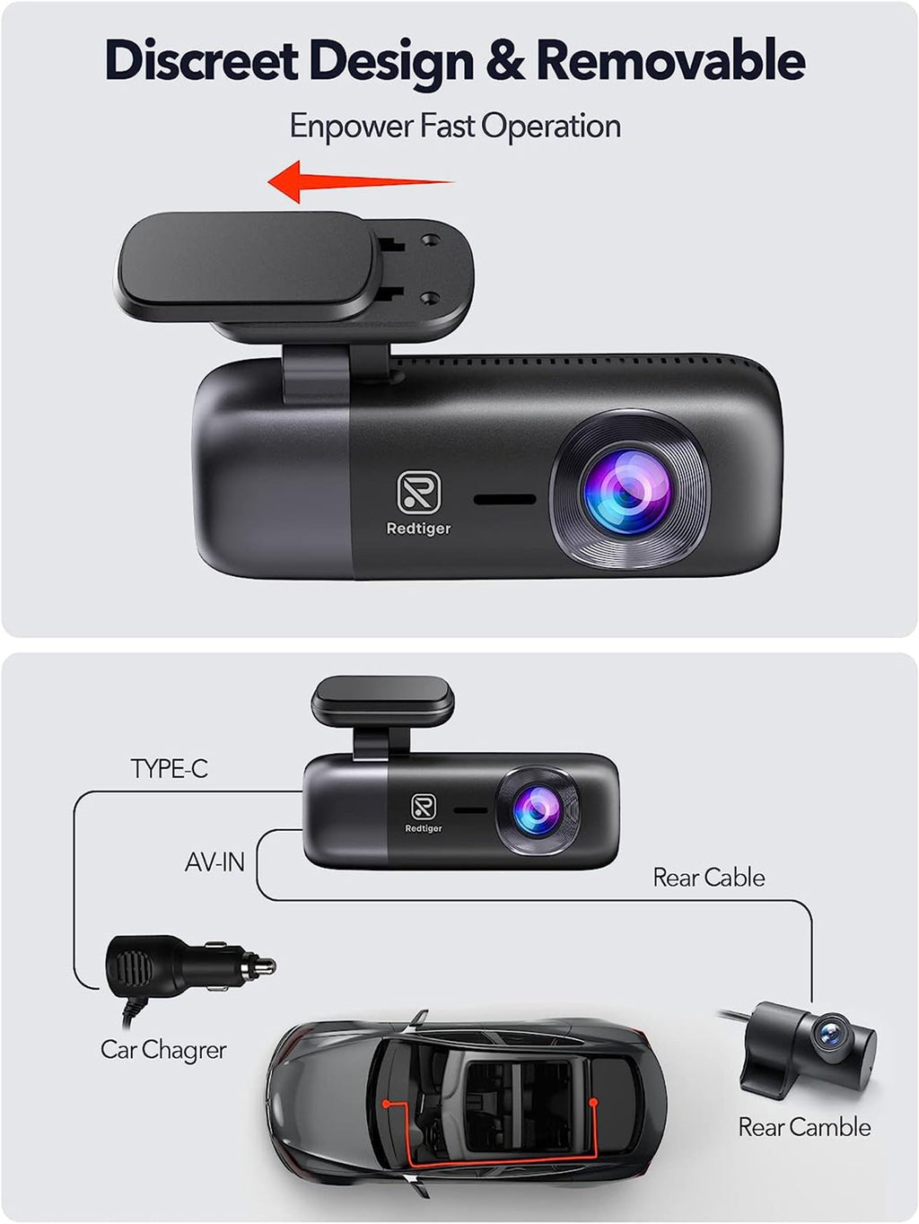 REDTIGER 4K Car Dash Cam, 4K Front and 1080P Rear Dash Camera with WiFi & GPS, Loop Recording, Smart App Control, Free 32GB SD Card