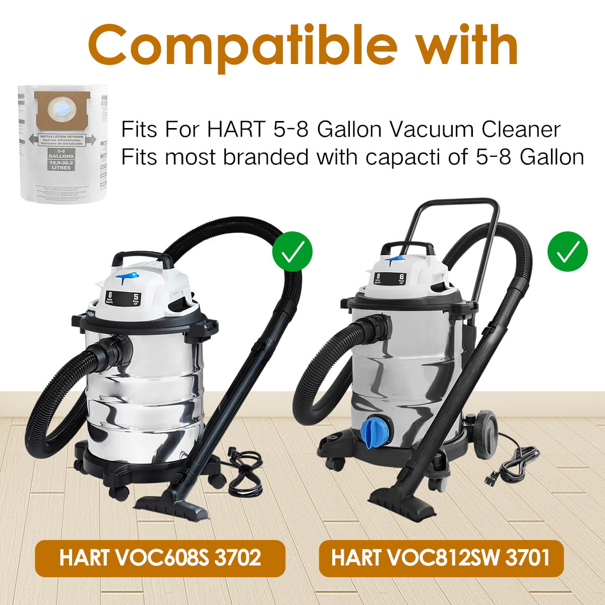 5 Packs Replacement Dust Bags for HARTT SS Vac,5-8 Gallon 5 Peak HP Stainless Steel Wet/Dry Vacuum, VOC608S 3702 / VOC812SF 3701 / VOC608S 3703