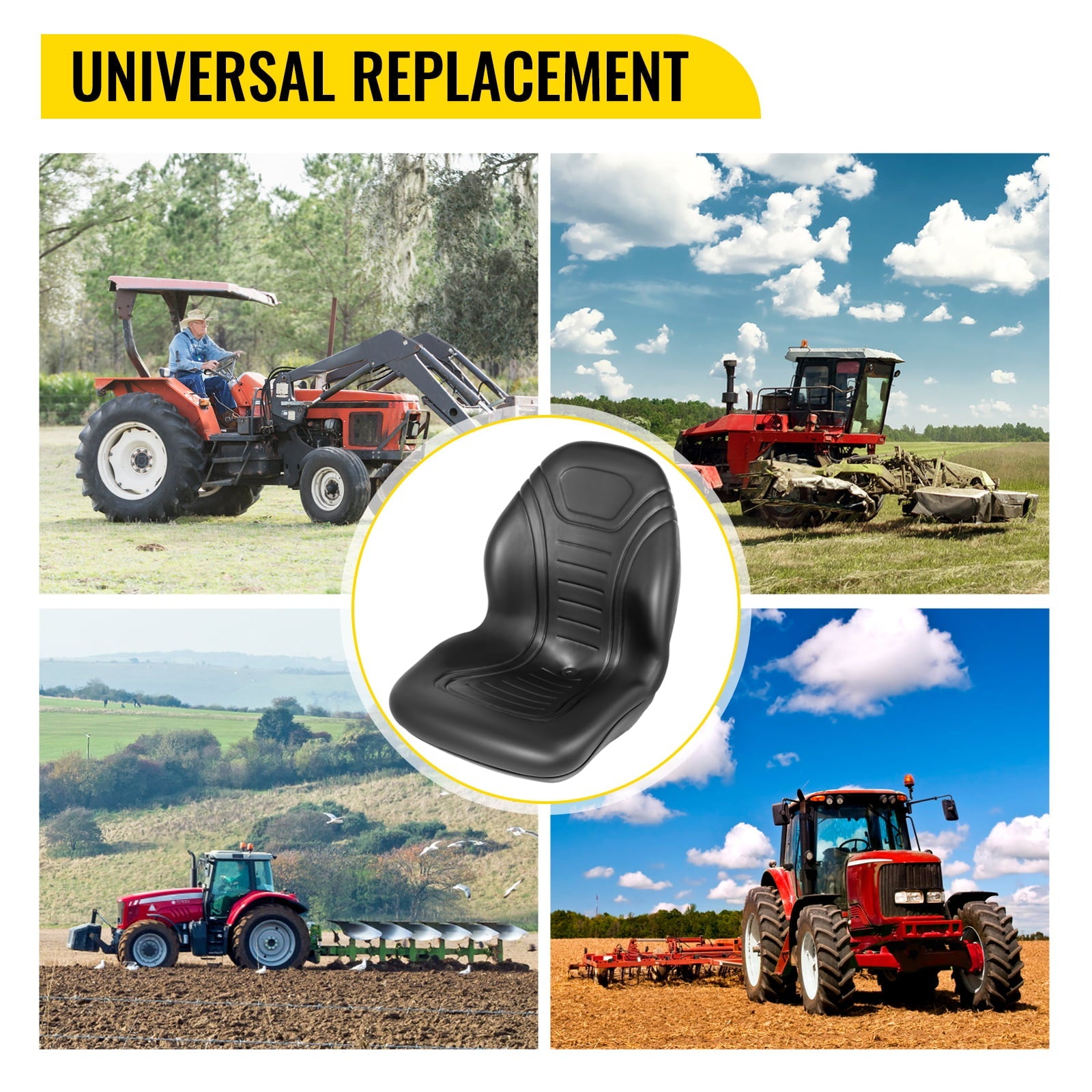 VEVOR 2pcs Universal Tractor Seat Replacement,Compact High Back Mower Seat Pair,Black Vinyl Forklift Seat,Central Drain Hole Skid Steer Seat with Mounting Bolt Patterns of 8" x 11.5" & 11.25" x 11.5"