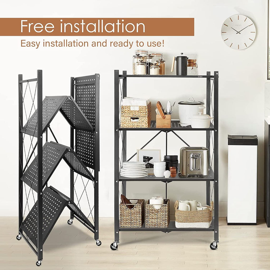 SUGIFT 4-Tier Foldable Storage Shelf, Heavy Duty Metal Shelf, Kitchen Shelf with 3 Hooks, Black