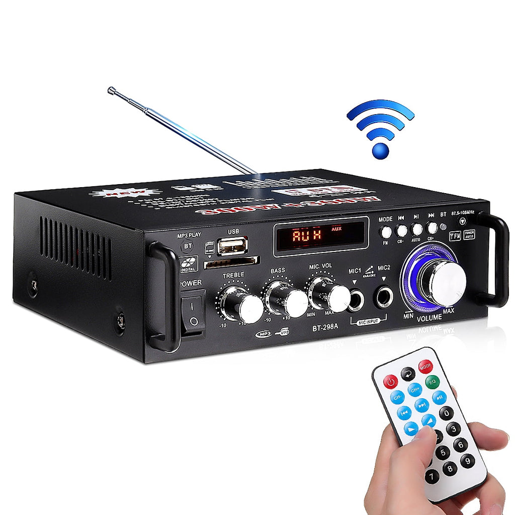 SOONHUA 600W Wireless Bluetooth 5.0 Stereo Audio Amplifier, with Bluetooth LCD Digital Display Stereo Receiver for Home Theater Speakers, Bass & Treble Control, USB/SD/RCA/MIC/FM in, Remote