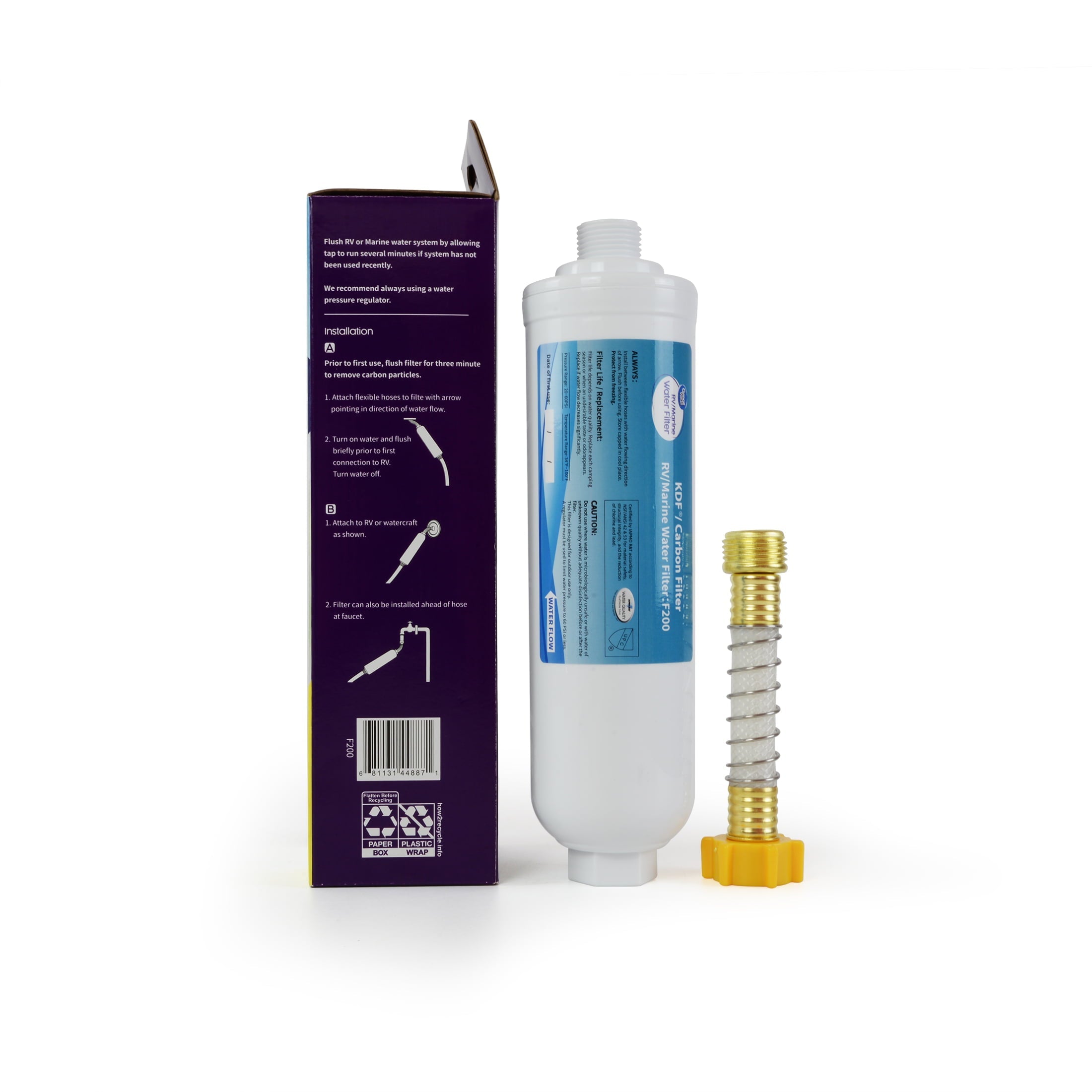 Great Value RV Water Filter 1 Pack for RV/Marine/Camping/Garden/Bathtub Use, With Flexible Hose, F200, Activated Carbon Block, White