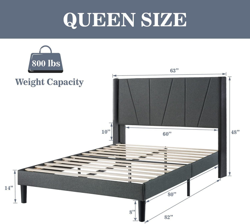 Allewie Queen Size Modern Platform Bed Frame with Upholstered Geometric Wingback Headboard, Grey
