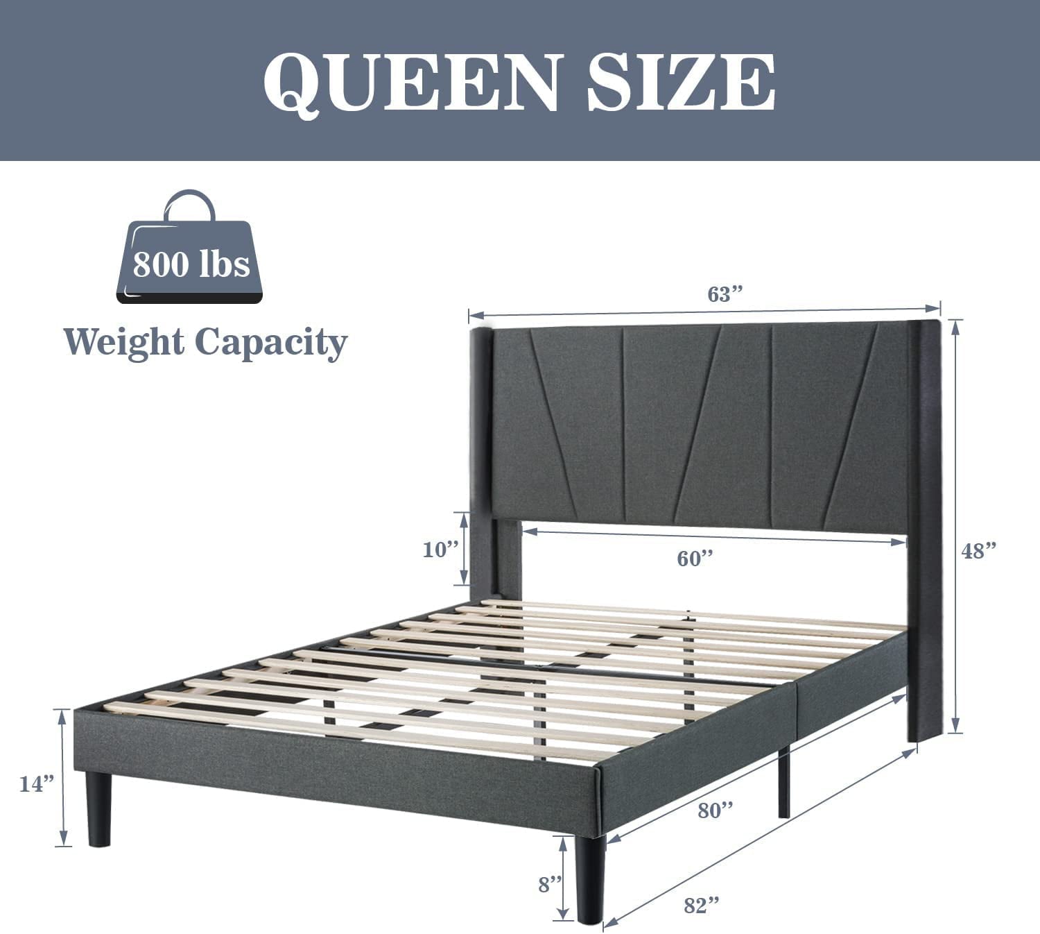 Allewie Queen Size Modern Platform Bed Frame with Upholstered Geometric Wingback Headboard, Grey