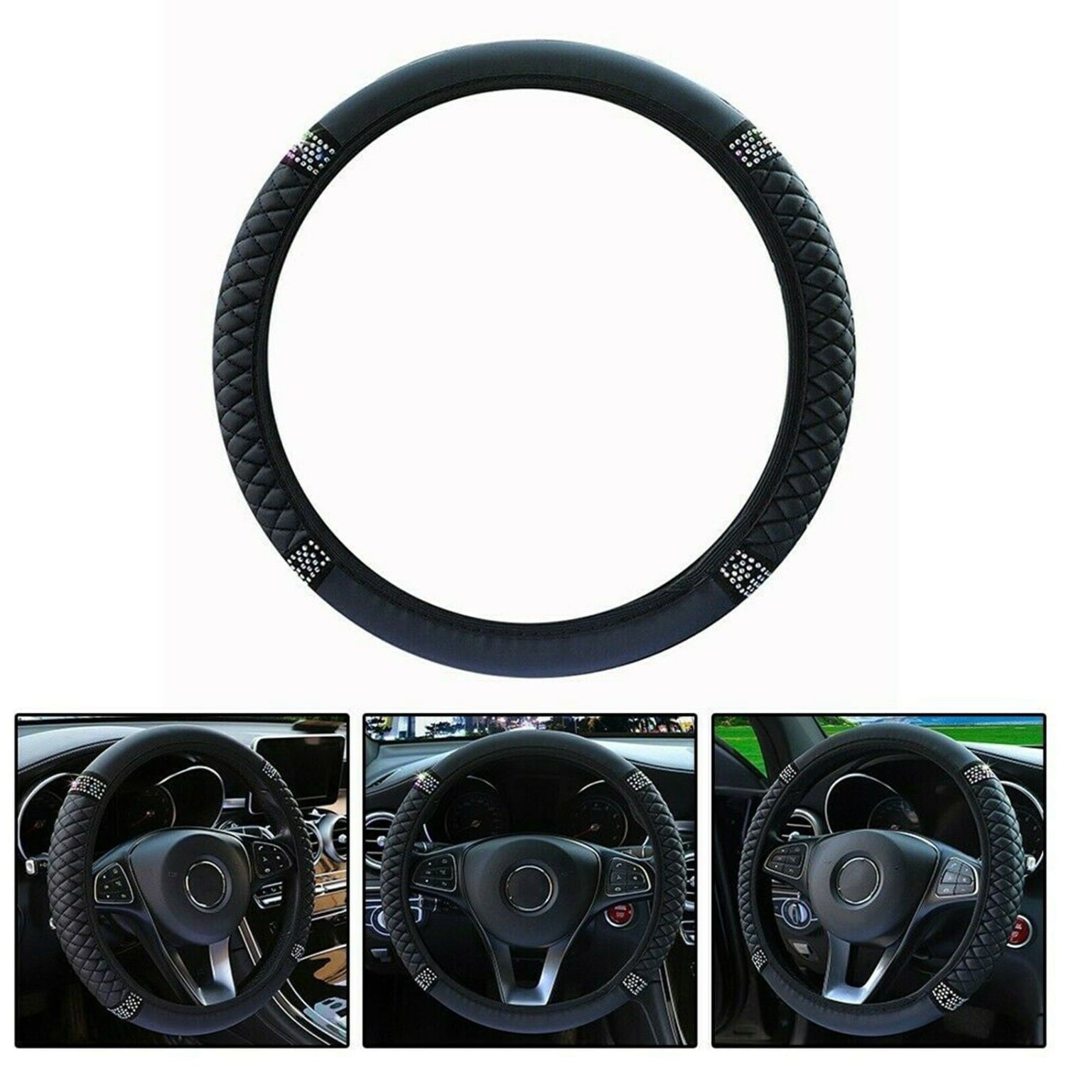 Steering Wheel Cover, Universal Bling  15 Inch Car Accessory with Rhinestones for Women, Anti-Slip Soft Leather Black Protector for Sedans, SUVs, Vans, Trucks