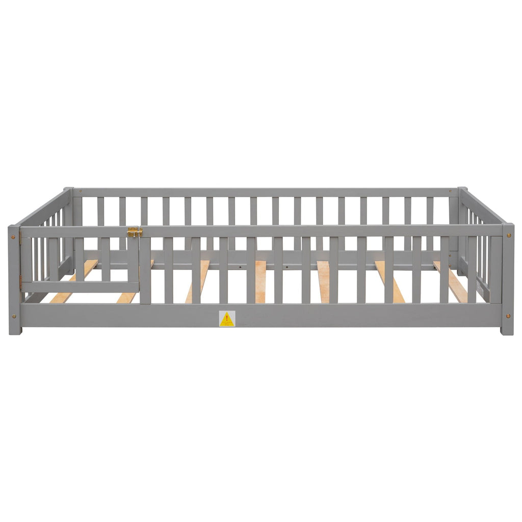 Twin Size Floor Bed Frame, Solid Wood Platform Bed Frame with Safety Fence & Small Door, Montessori Floor Bed with Slats Support for Boys Girls, No Box Spring Needed, Grey