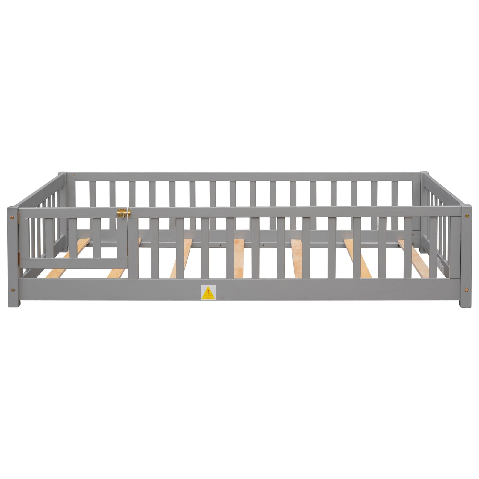 Twin Size Floor Bed Frame, Solid Wood Platform Bed Frame with Safety Fence & Small Door, Montessori Floor Bed with Slats Support for Boys Girls, No Box Spring Needed, Grey