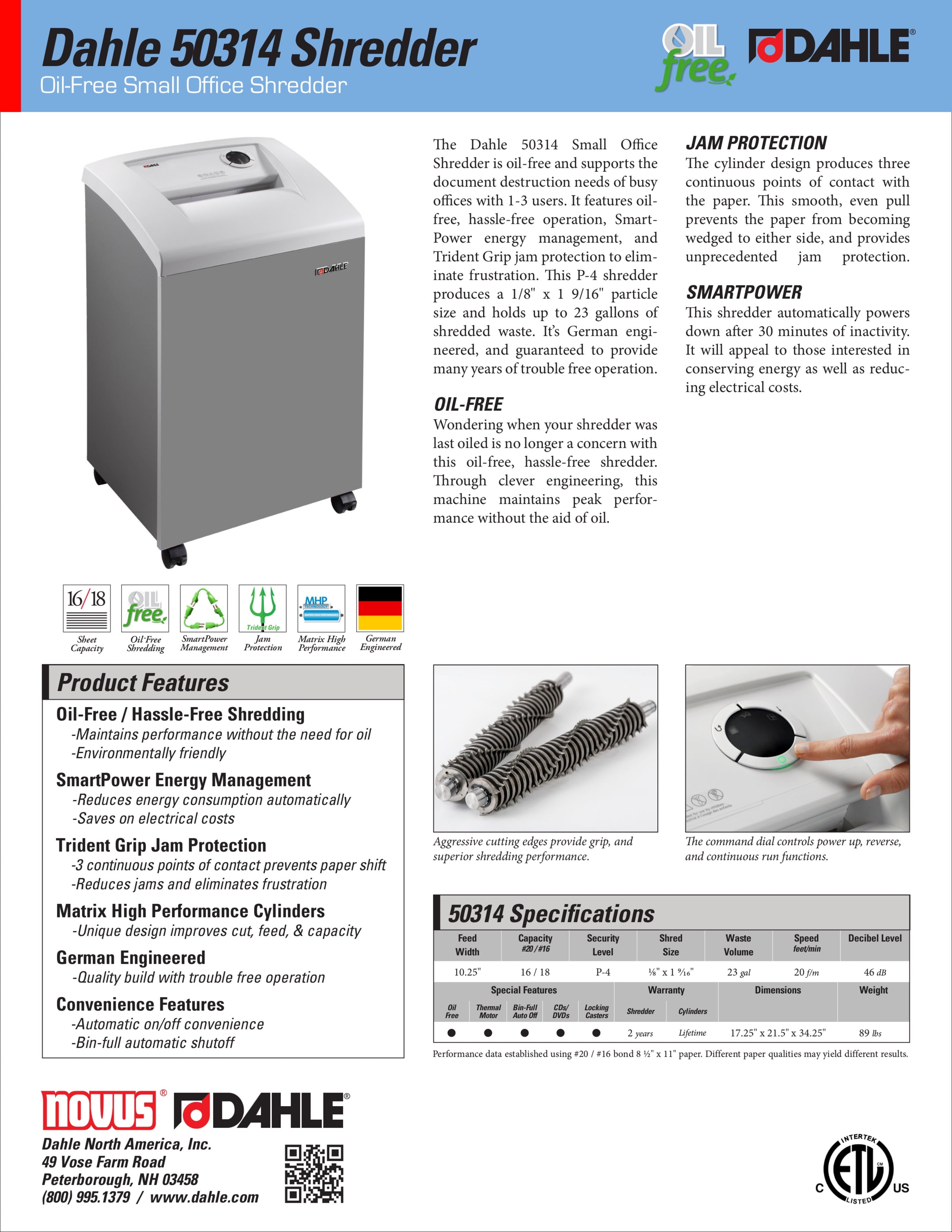 Dahle 50314 Oil-Free Paper Shredder w/Jam Protection, German Engineered, 16 Sheet Max, Level P-4
