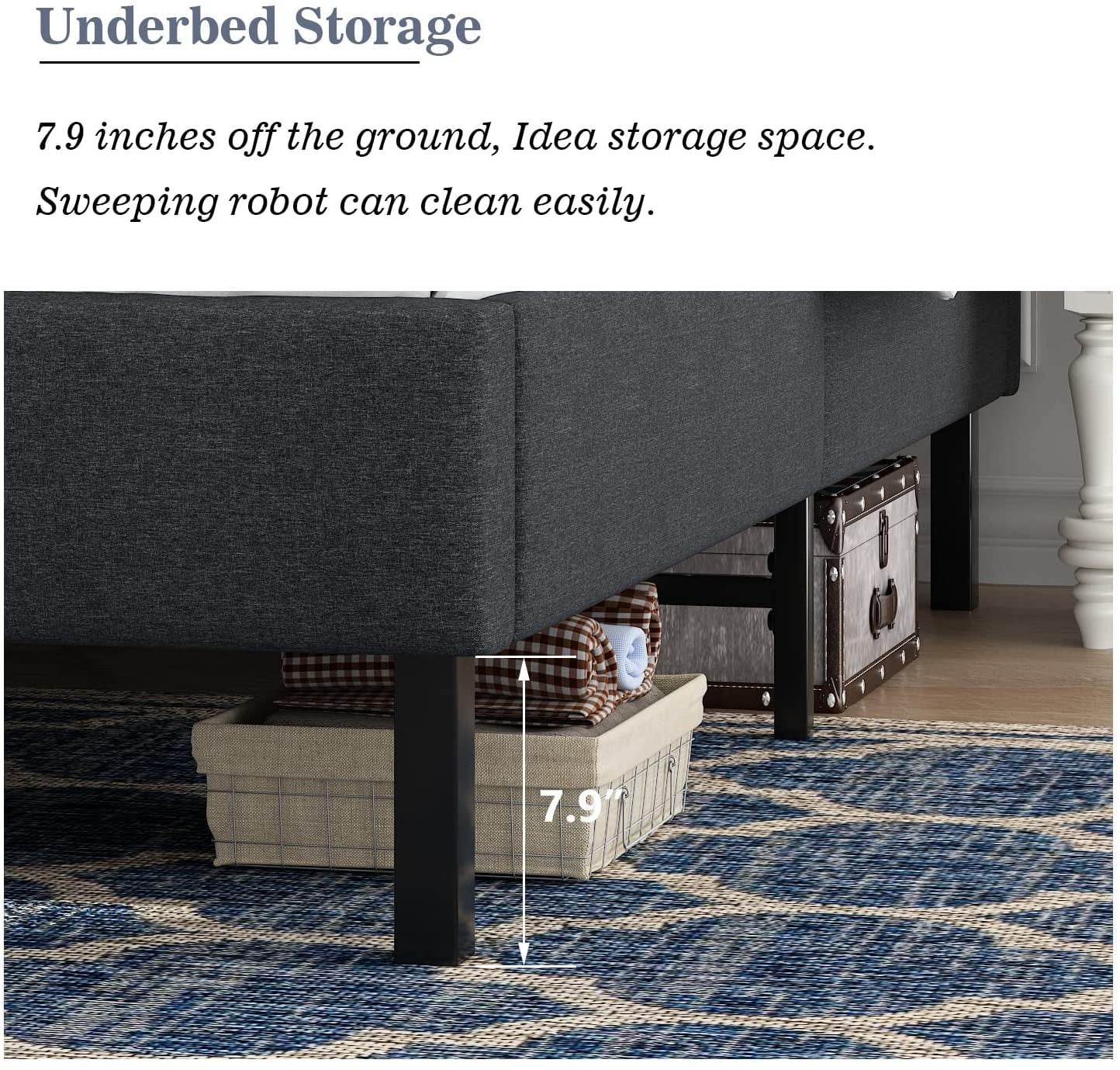 Allewie Queen Size Upholstered Platform Bed Frame, 24 Wooden Slats Support, No Box Spring Needed, Dark Grey