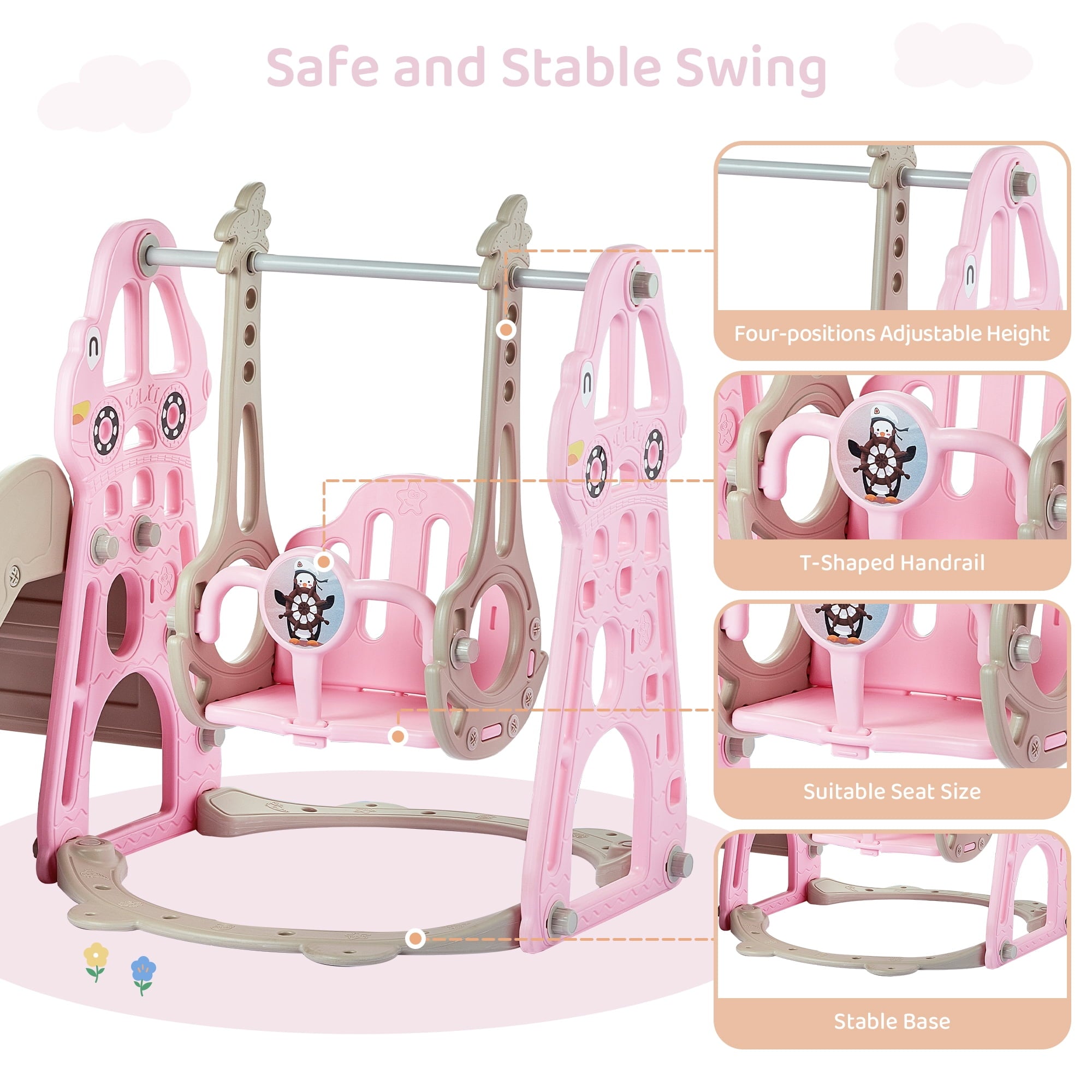 DUKE BABY 4-in-1 Kids Swing and Slide Set for Toddler Age 1-6, Extra Large Baby Indoor Outdoor Activity Playground with Basketball Hoop and Climber – Pink