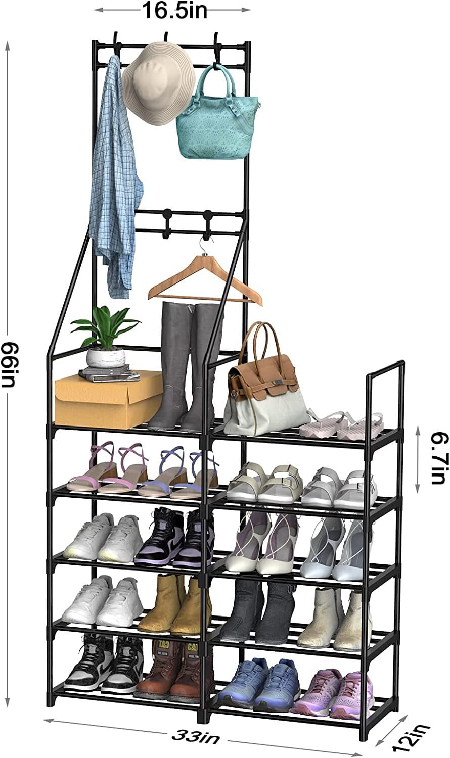 Shoe Organizer, 5-Tier Coat and Shoe Rack, 24-30 Pairs Shoes Boots Organizer for Entryway, Plastic