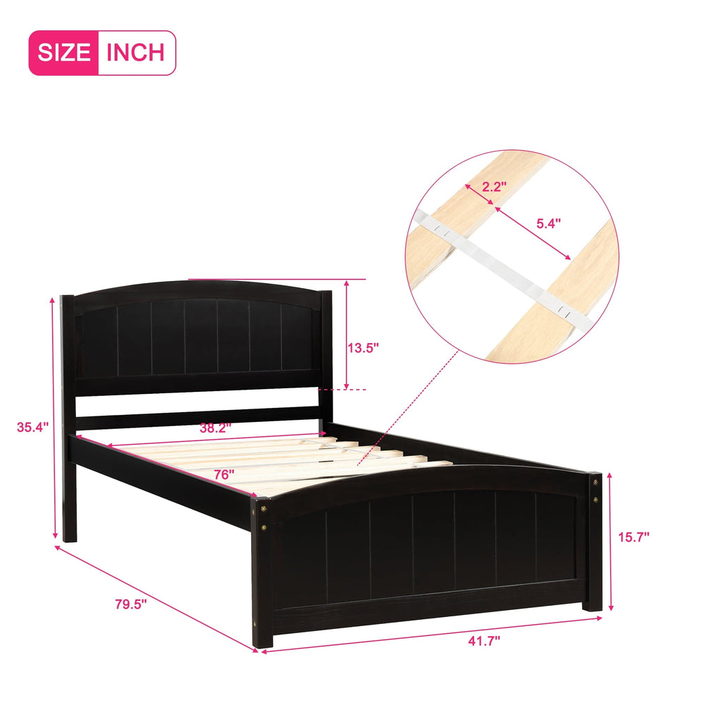 Wood Platform Bed, Twin Size Bed Frame Sleigh Bed with Headboard for Kids Teens Adults, Wood Slat Support, No Box Spring Needed, Space Saving Design, Expresso