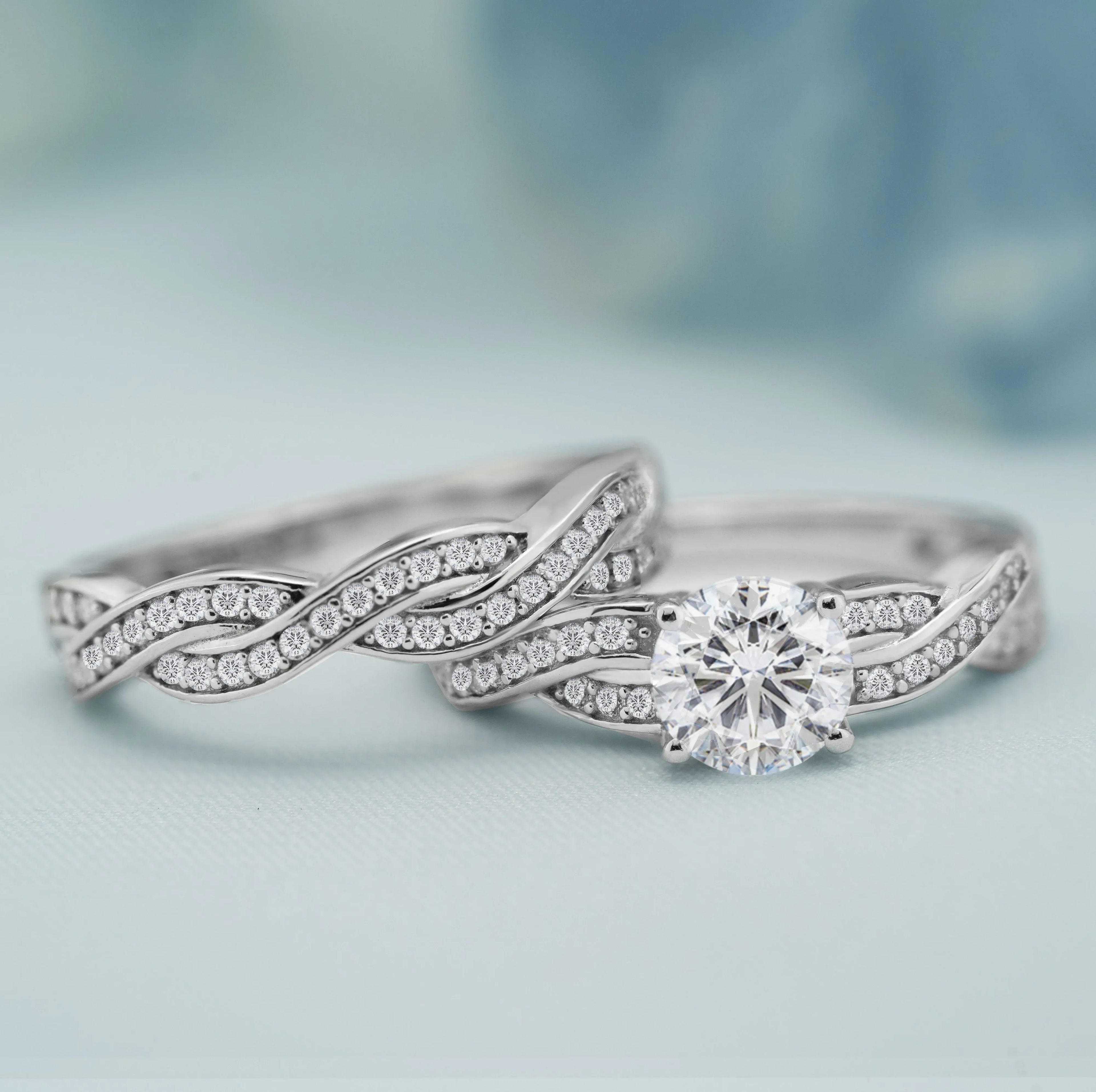 1.5 Carat Round Cut Moissanite Wedding Set - Bridal Set - Infinity Ring - Forever Ring - Promise Ring - 18k White Gold Over Silver