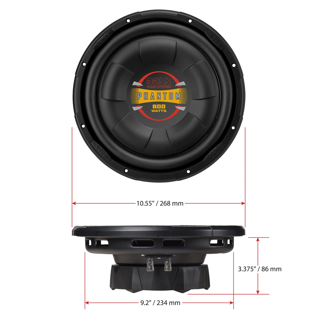 BOSS Audio Systems D10F Phantom Series 10 Inch Car Audio Subwoofer - 800 Watts Max, Single 4 Ohm Voice Coil, Sold Individually, For Truck, Boxes and Enclosures, Use With Amplifier