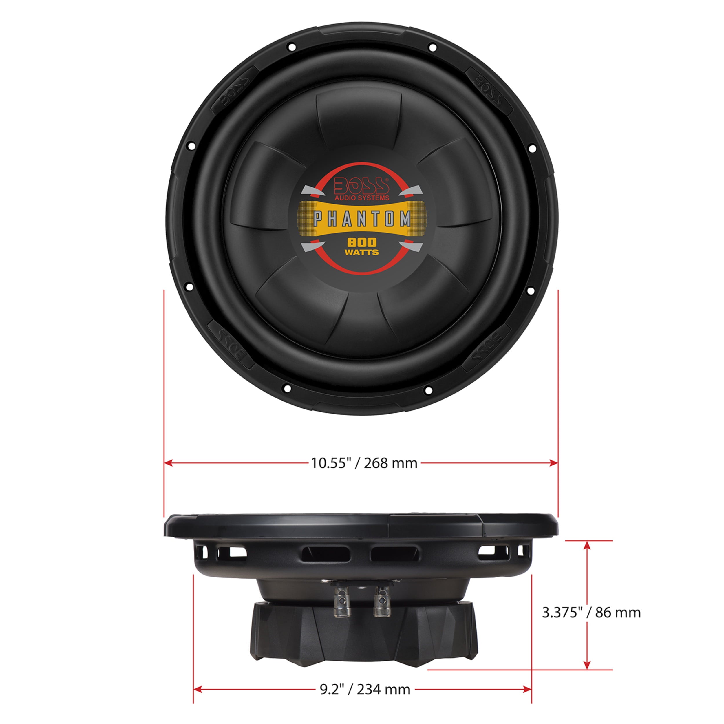 BOSS Audio Systems D10F Phantom Series 10 Inch Car Audio Subwoofer - 800 Watts Max, Single 4 Ohm Voice Coil, Sold Individually, For Truck, Boxes and Enclosures, Use With Amplifier
