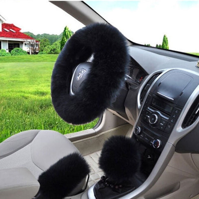 Hot 3Pcs/Set Woolen Winter Soft Warm Fuzzy Steering Wheel Cover Long Plush Handbrake Car Accessory Pink/Saffron Yellow/Black/Wine Red/Beige