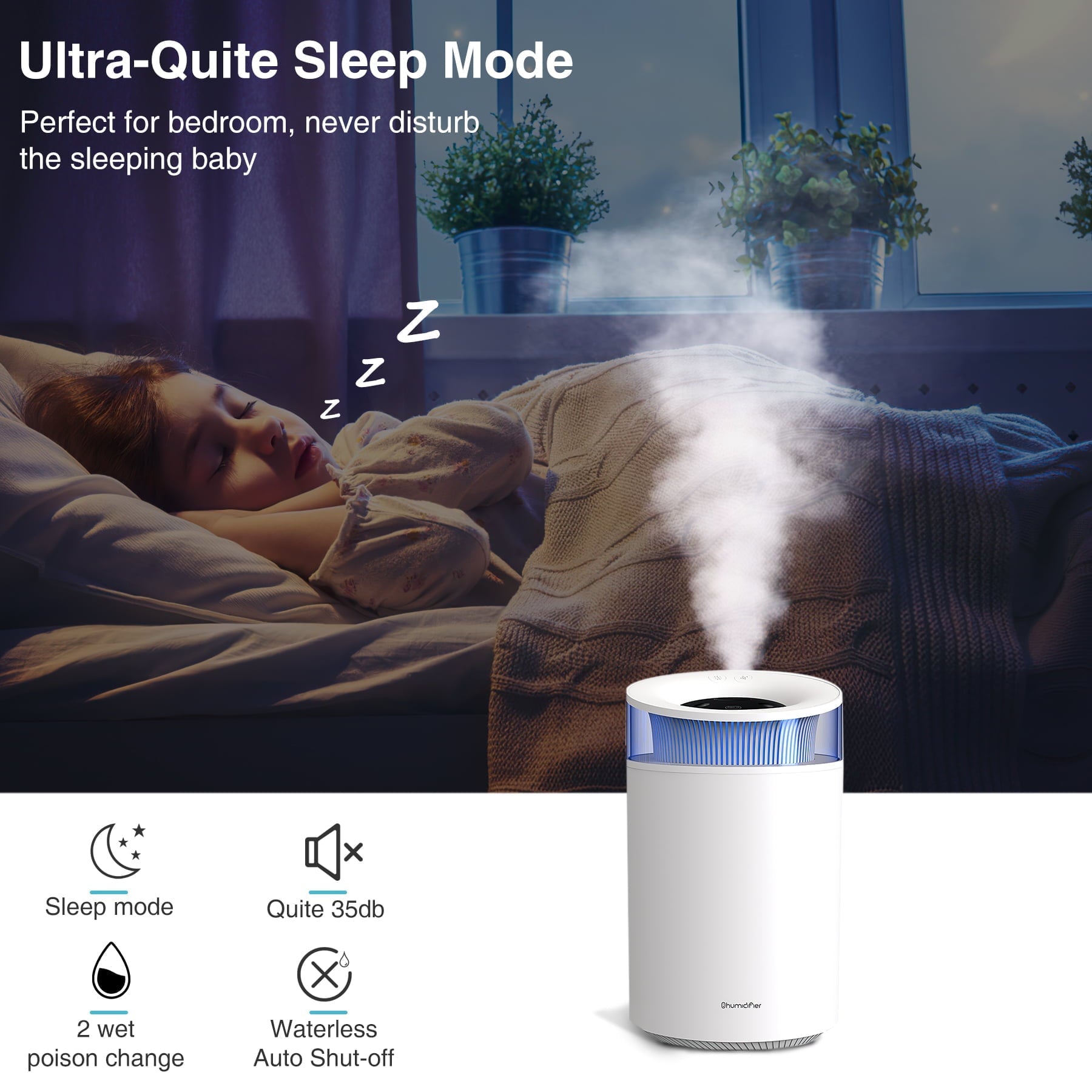 VAVSEA Room Humidifier for Bedroom, 2.5L UltraQuiet Cold Mist Air Humidifier for Baby ＆ Home, with Essential Oil, 4 Air Diffusion Modes, 7-Color LED Light, Up to 30 hour Runtime