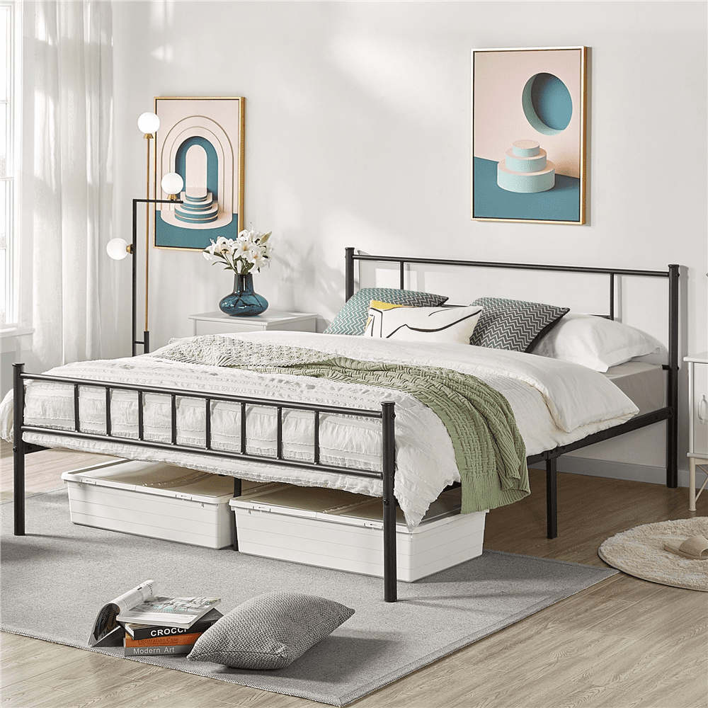 Easyfashion Jorge Queen Metal Platform Bed with Spindle Headboard and Footboard, Black