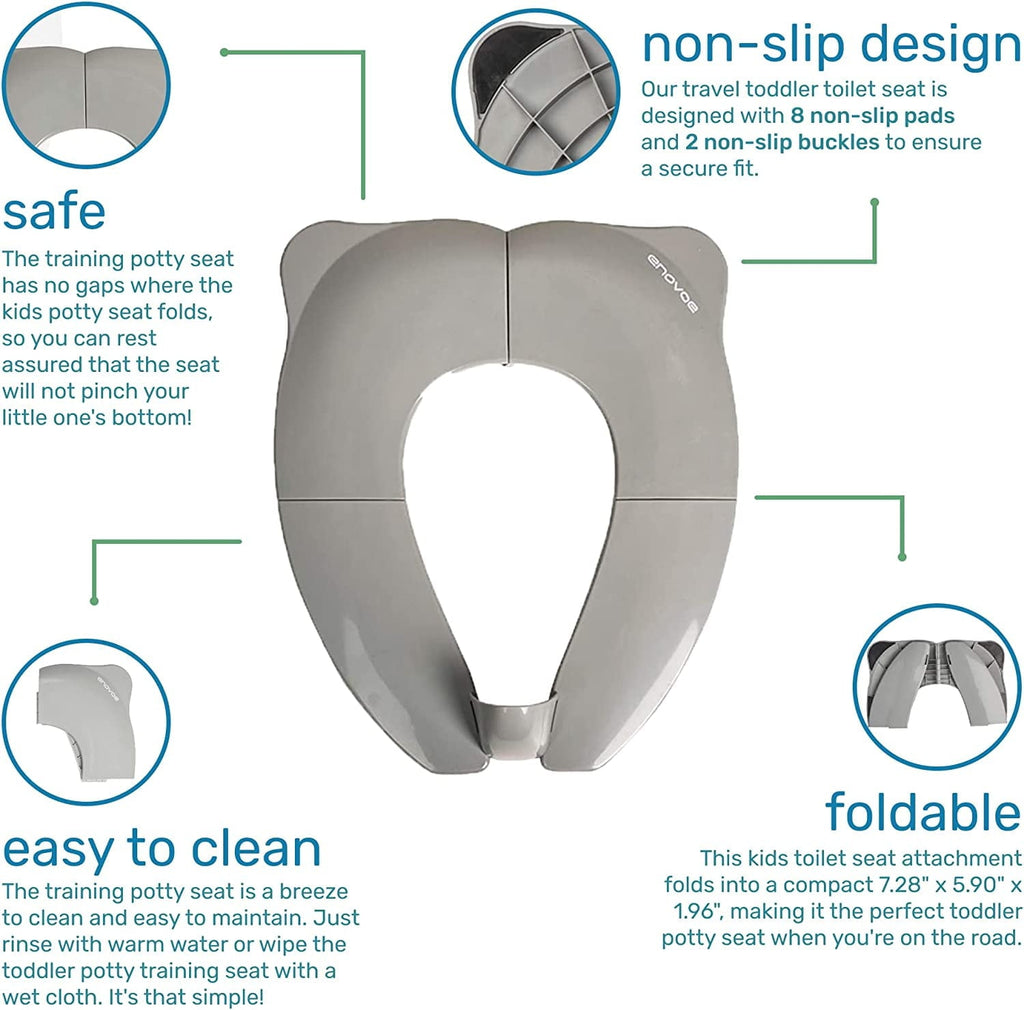 Enovoe Foldable Toddler Potty Seat - Portable Travel Potty Training Toilet Seat for Boys and Girls - Comfortable Non-Slip Attachment in Grey - Ideal Toddler Toilet Seat for Travel