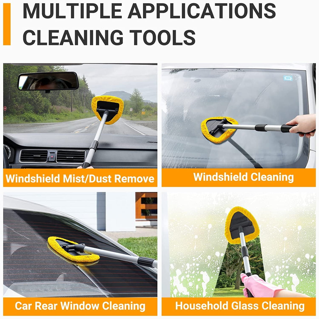 AstroAI, Car Window Cleaner, Microfiber Car Windshield Cleaning Tool with Extendable Handle and Washable Reusable Cloth Pad Head Auto Interior Exterior Glass Wiper Kits, Yellow