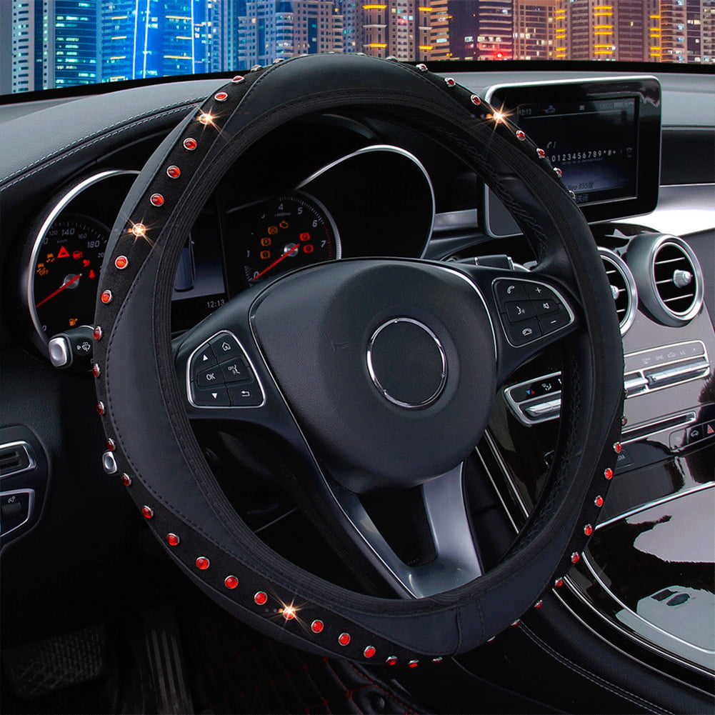 15" Car Steering Wheel Cover Leather Bling Rhinestones Protector Accessories