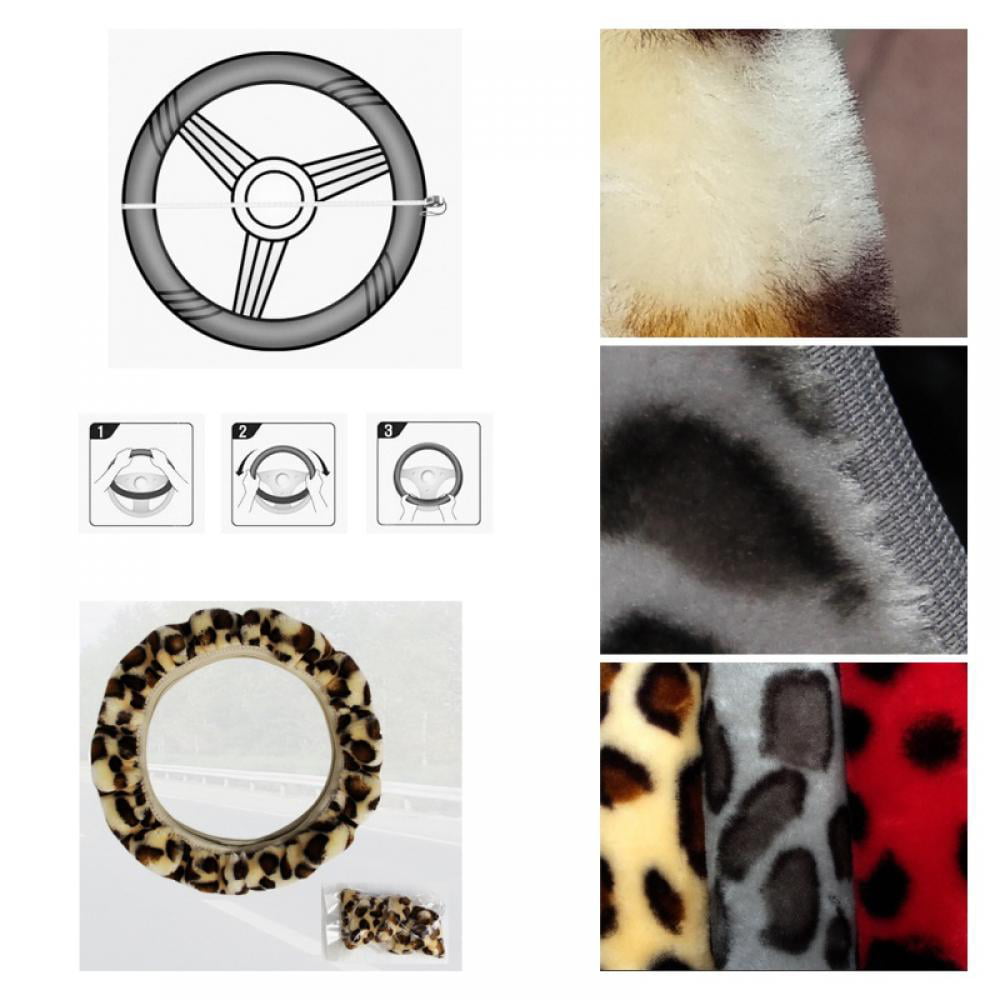 Universal 15" Auto Car Steering Wheel Cover Leopard Print Plush Elastic Section Steering Wheel Cover Velvet Fluffy Comfy Universal 15 Inches Car Wheel Protector for Women Girls