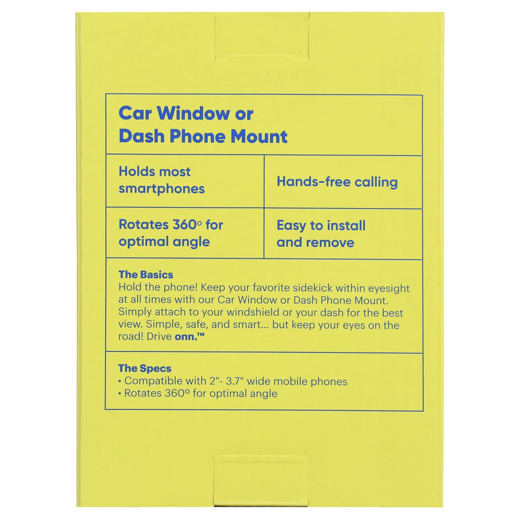 onn. Car Window or Dash Phone Mount Compatible with 2 in- 3.7 in Wide Mobile Phones