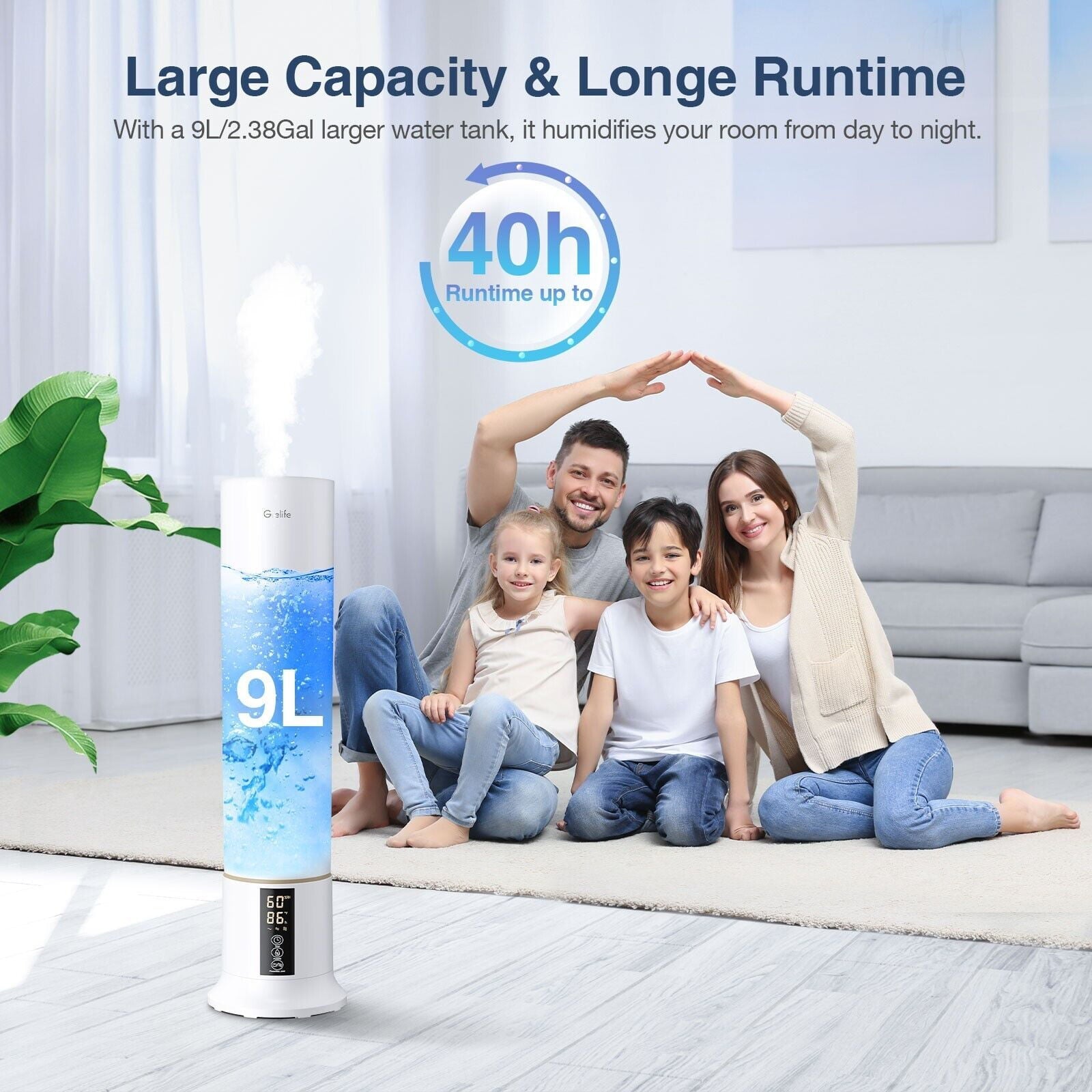 BEYGO Cool Mist Humidifiers for Bedroom Large Room Home, 9L/ 2.38Gal Top Fill Ultrasonic Floor Humidifiers for Baby and Plants