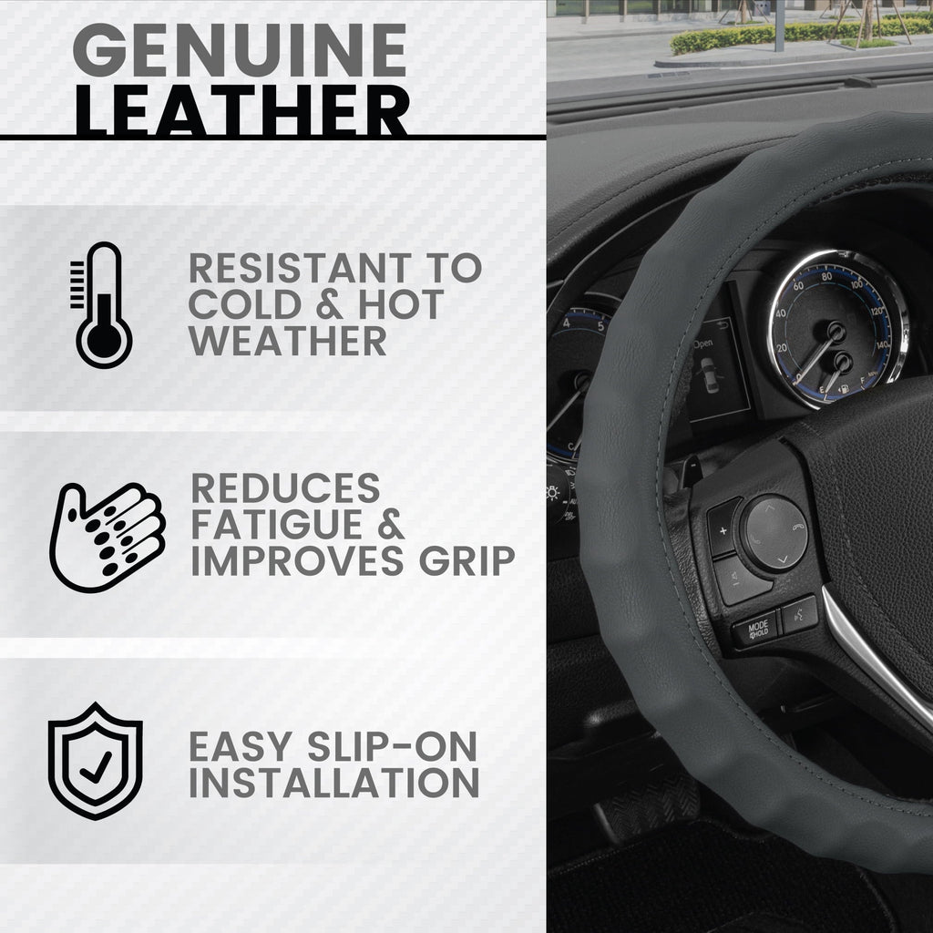 BDK Leather Car Steering Wheel Cover 14.5"-15.5" (Medium/Gray) -Universal Fit, Easy Installation