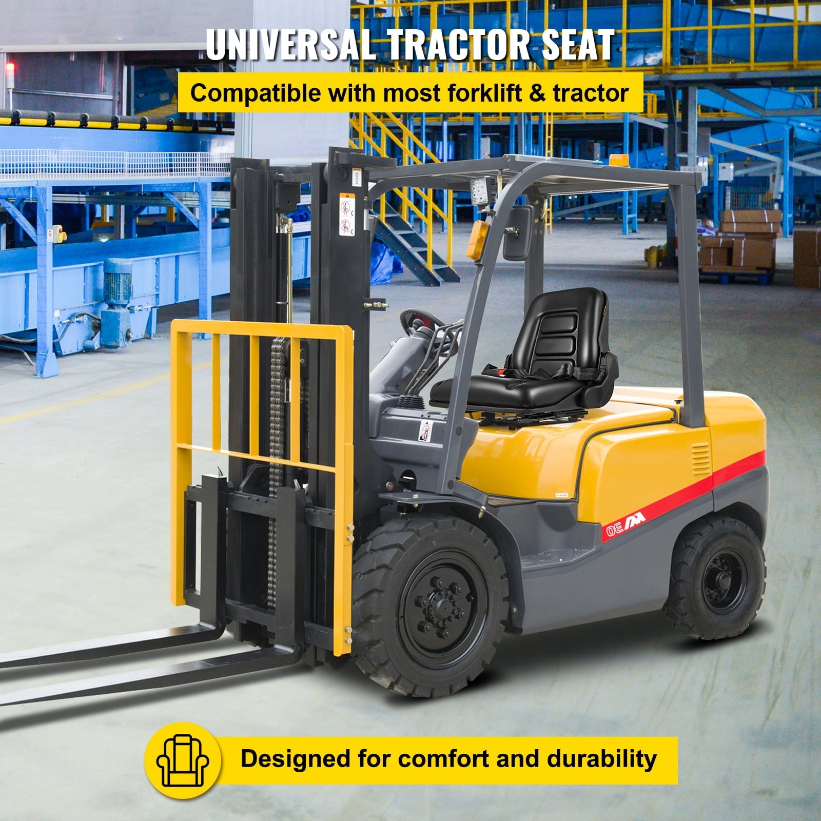 BENTISM Forklift Seat Mower Seat Universal PVC High Back Tractor Seat w/ Seat Belt