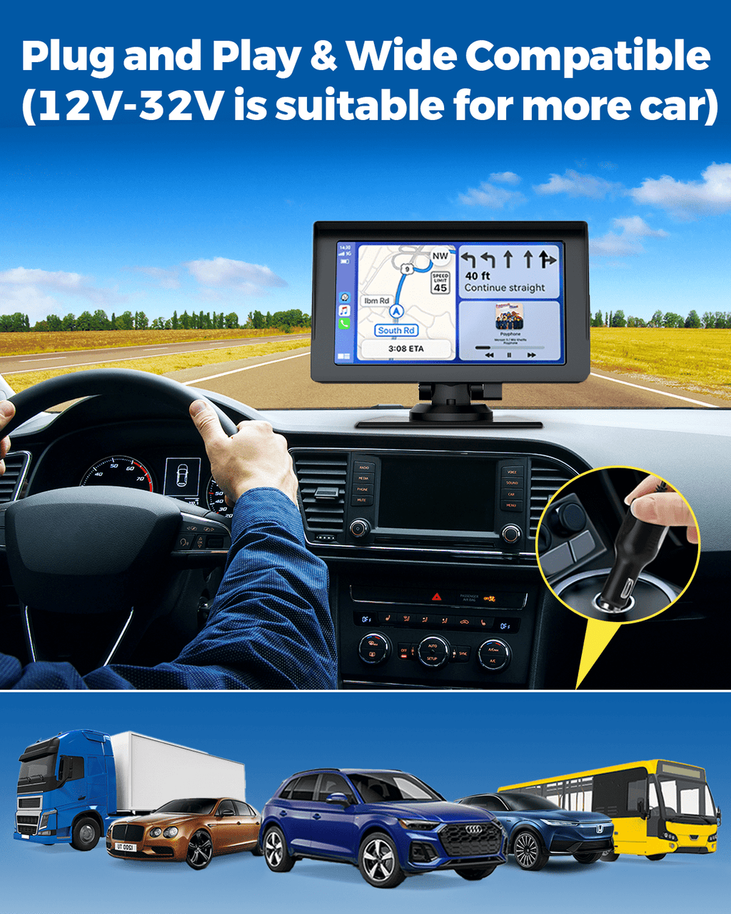 Lamtto Wireless Apple Carplay & Android Auto Car Stereo with Bluetooth, 7'' Touchscreen Carplay Car Radio with Siri, AUX, FM, Multimedia Player, GPS Navigation