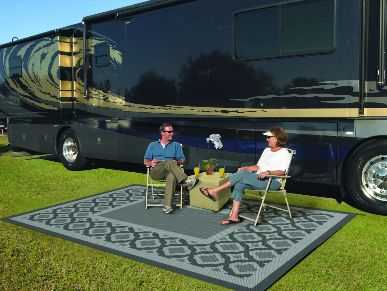 Auto Drive 6' x 9' Linked Geo Gray Reversible RV Outdoor Patio Mat