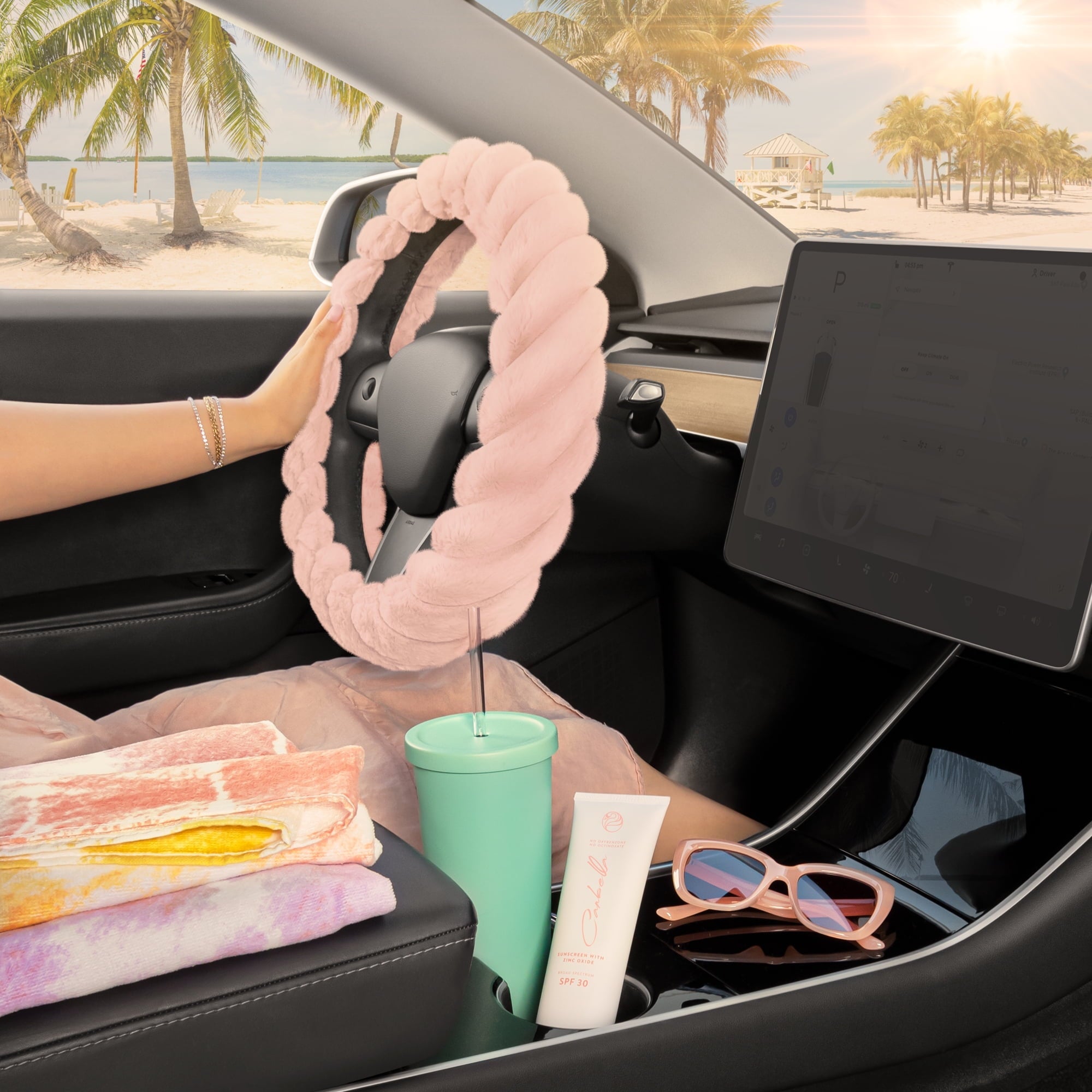 Carbella Twisted Fur Soft Pink Steering Wheel Cover, Standard 15 Inch Size Fits Most Vehicles, Fuzzy Fluffy Car Steering Cover with Soft Faux Fur Touch