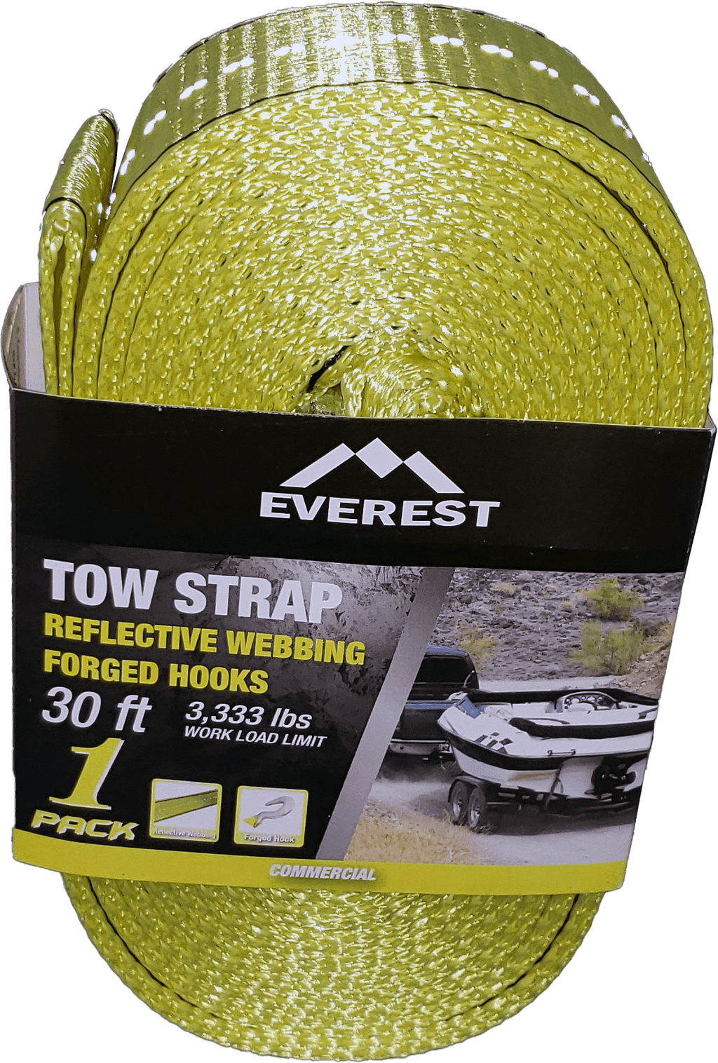 Everest 2" x 30'  Reflective Tow Strap with Forged Hooks, 3,333 lb W/LL, 1-Pack