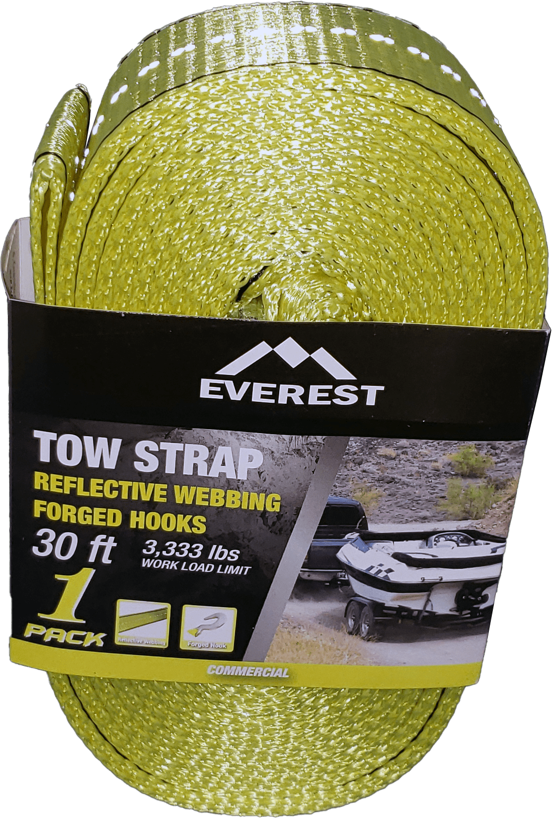 Everest 2" x 30'  Reflective Tow Strap with Forged Hooks, 3,333 lb W/LL, 1-Pack