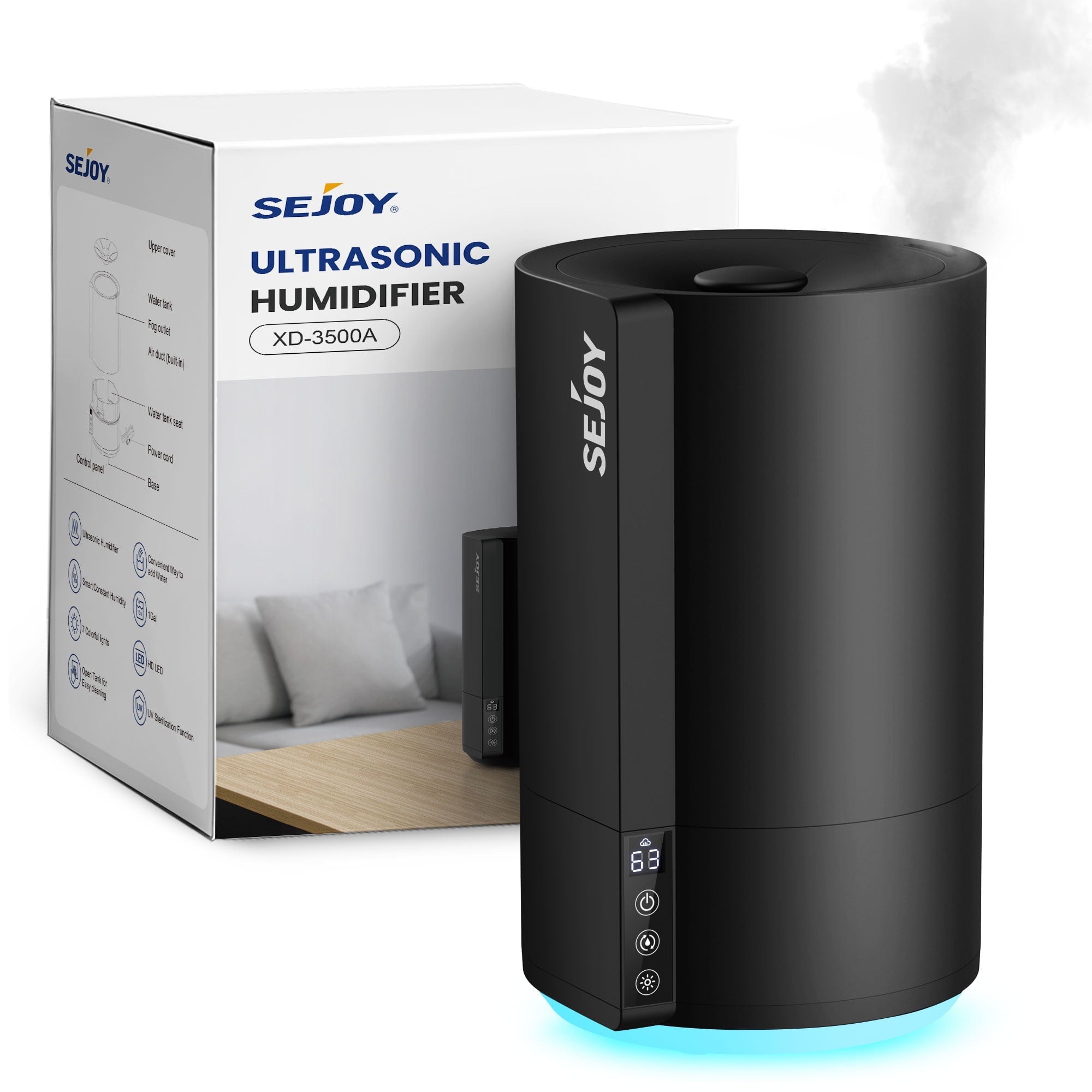 Sejoy Humidifiers for Bedroom, Quiet (3.5L Water Tank) Cool Mist Top Fill Essential Oil Diffuser for Baby Nursery and Plants,  Rapid Ultrasonic Humidification for Home Large Room,Black