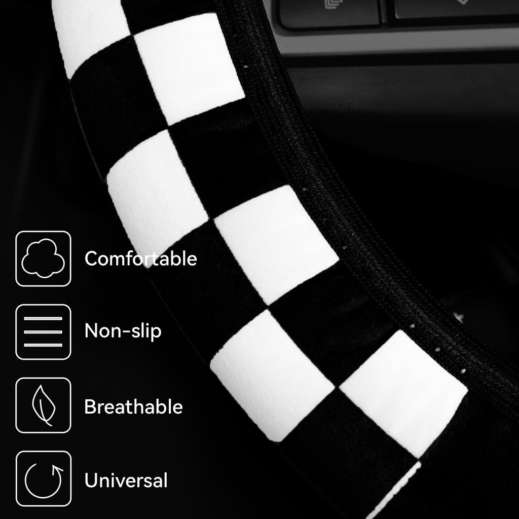Checkered Plaid Soft Warm Fuzzy Auto Steering Wheel Cover Plush Universal Winter White-Black Fit for Truck, SUV, Cars