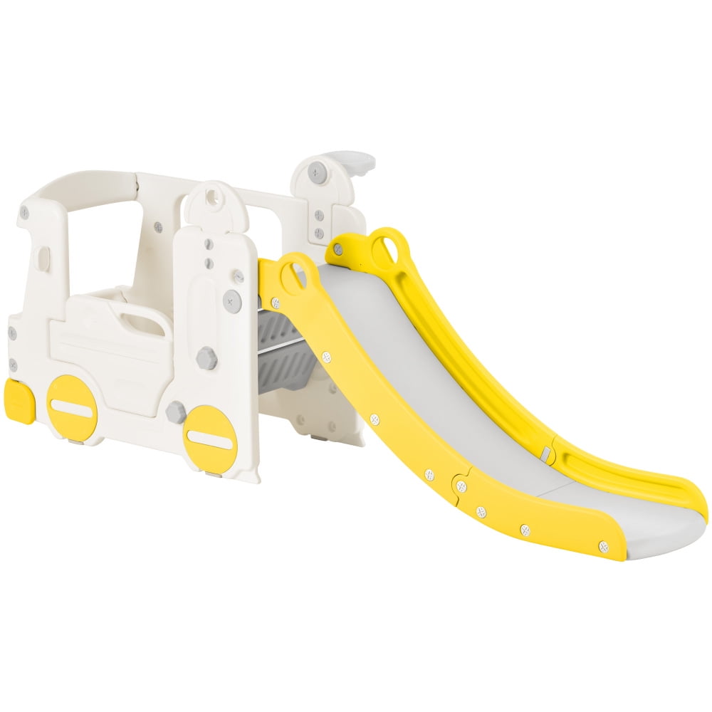 GERI Kids Slide with Bus Play Structure Climber, Freestanding Bus Climber with Slide for Toddlers, Bus Climber Slide Set with Basketball Hoop, Outdoor Playhouse for Toddlers, Yellow