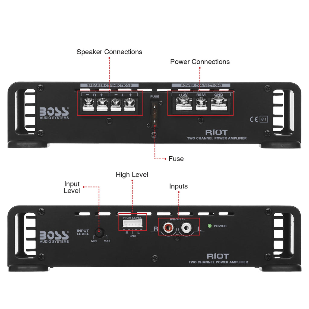 BOSS Audio Systems R1002 Riot Series Car Audio Stereo Amplifier - 200 High Output, 2 Channel, Class A/B, 2/4 Ohm Stable, Low/High Level Inputs, Full Range, Subwoofer