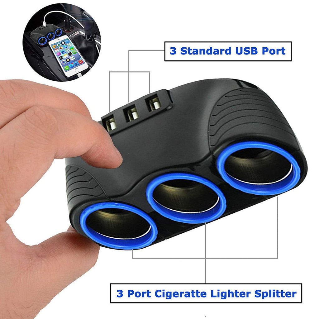 120W 3-Socket 3 USB Charging Port Cigarette Lighter Splitter, EEEkit Car Charger Power Adapter with Blue LED Light, DC 12V/24V Multi-Power Outlet Fit for GPS, Dash Cam, Smart Phones, iPad