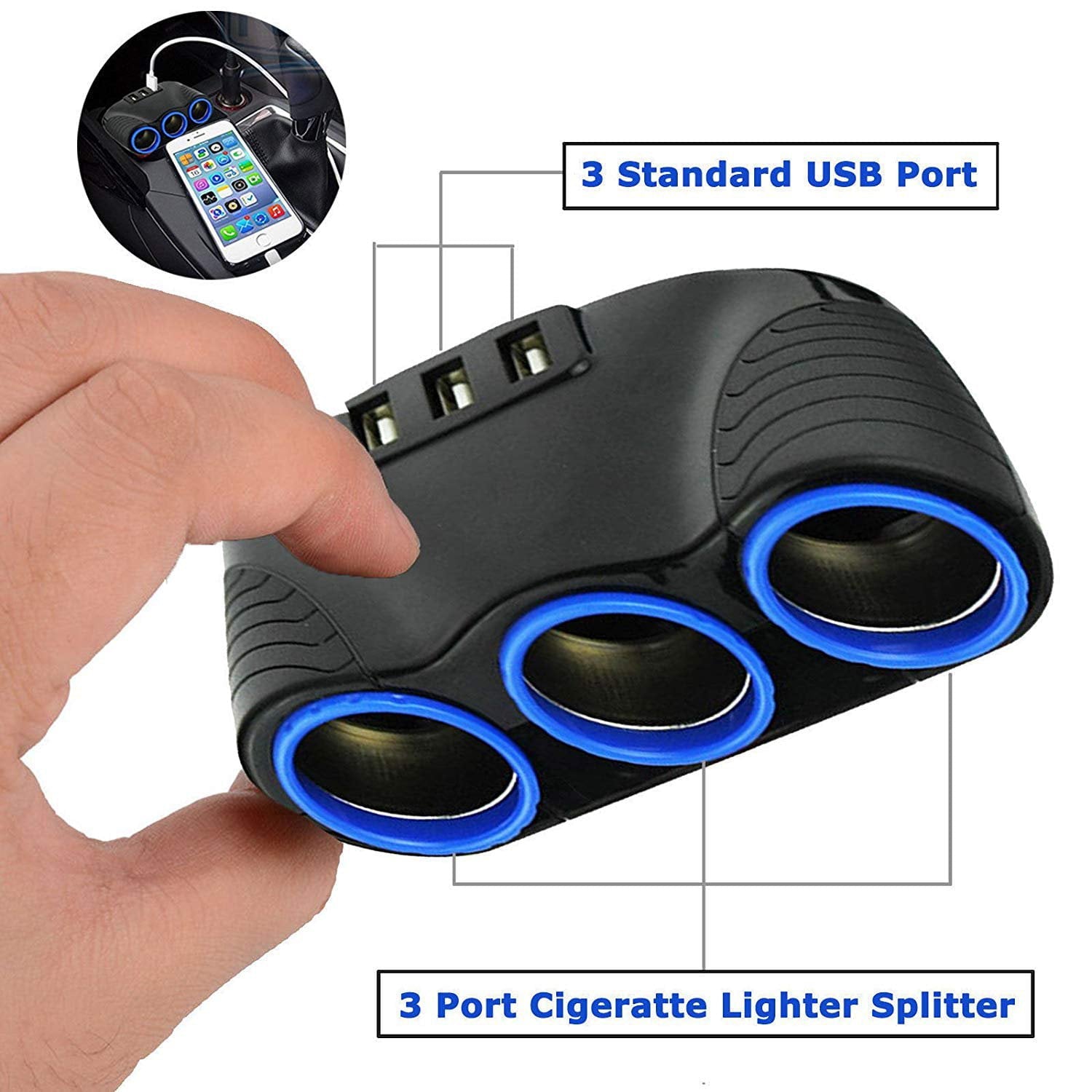 120W 3-Socket 3 USB Charging Port Cigarette Lighter Splitter, EEEkit Car Charger Power Adapter with Blue LED Light, DC 12V/24V Multi-Power Outlet Fit for GPS, Dash Cam, Smart Phones, iPad
