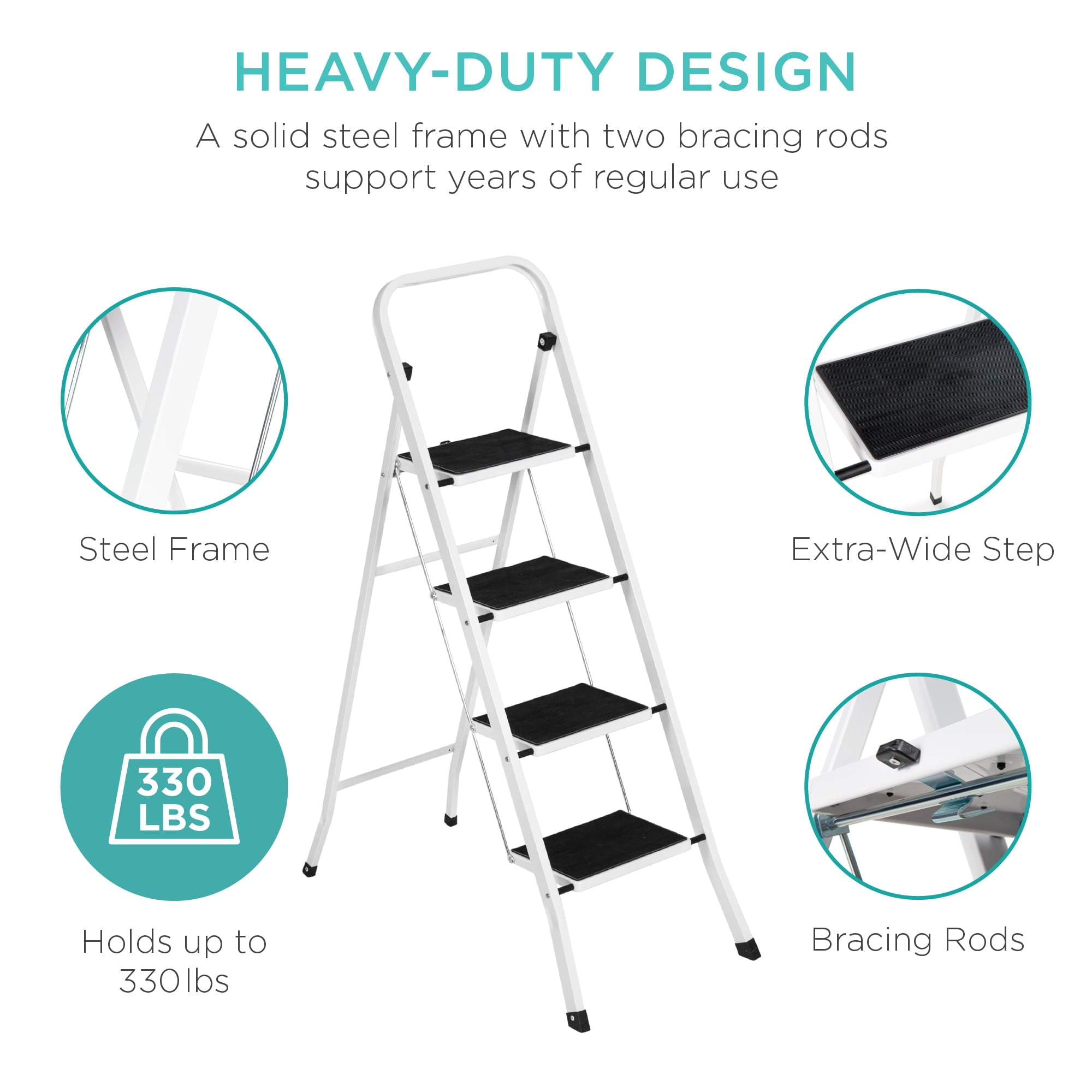 Best Choice Products 4-Step Portable Folding Steel Ladder w/ Hand Rail, Wide Platform Steps, 330lbs Capacity