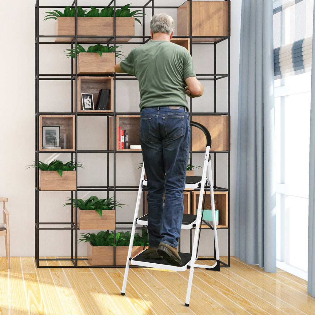 SUGIFT 3-Step Portable Folding Steel Ladder with Wide Platform Steps, 330lbs Capacity, White
