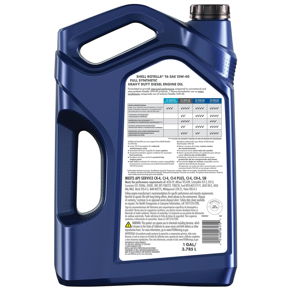 Shell Rotella T6 Full Synthetic 15W-40 Diesel Engine Oil, 1 Gallon