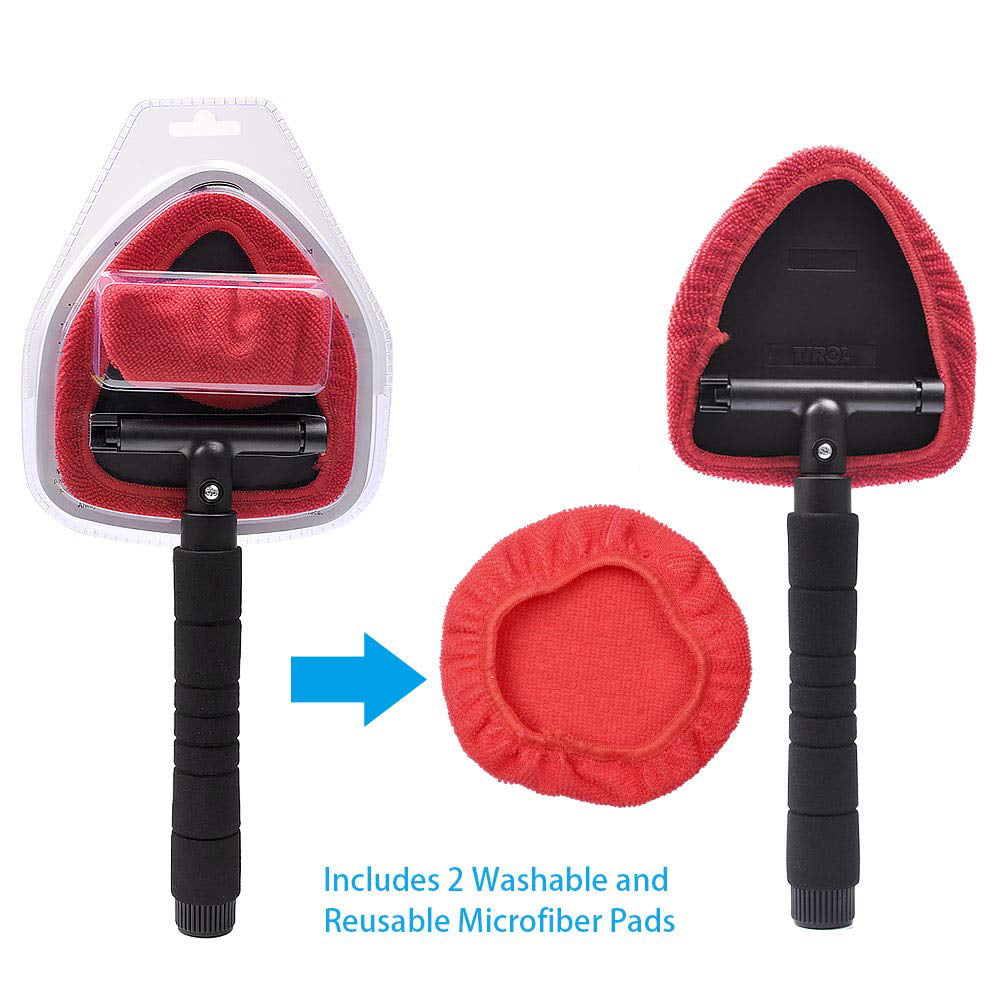 AutoEC Windshield Cleaner Car Window Cleaner Cleaning Tool with Extendable Handle and 2 Reusable Removable Coral Cap, Car Wash Brush, Red