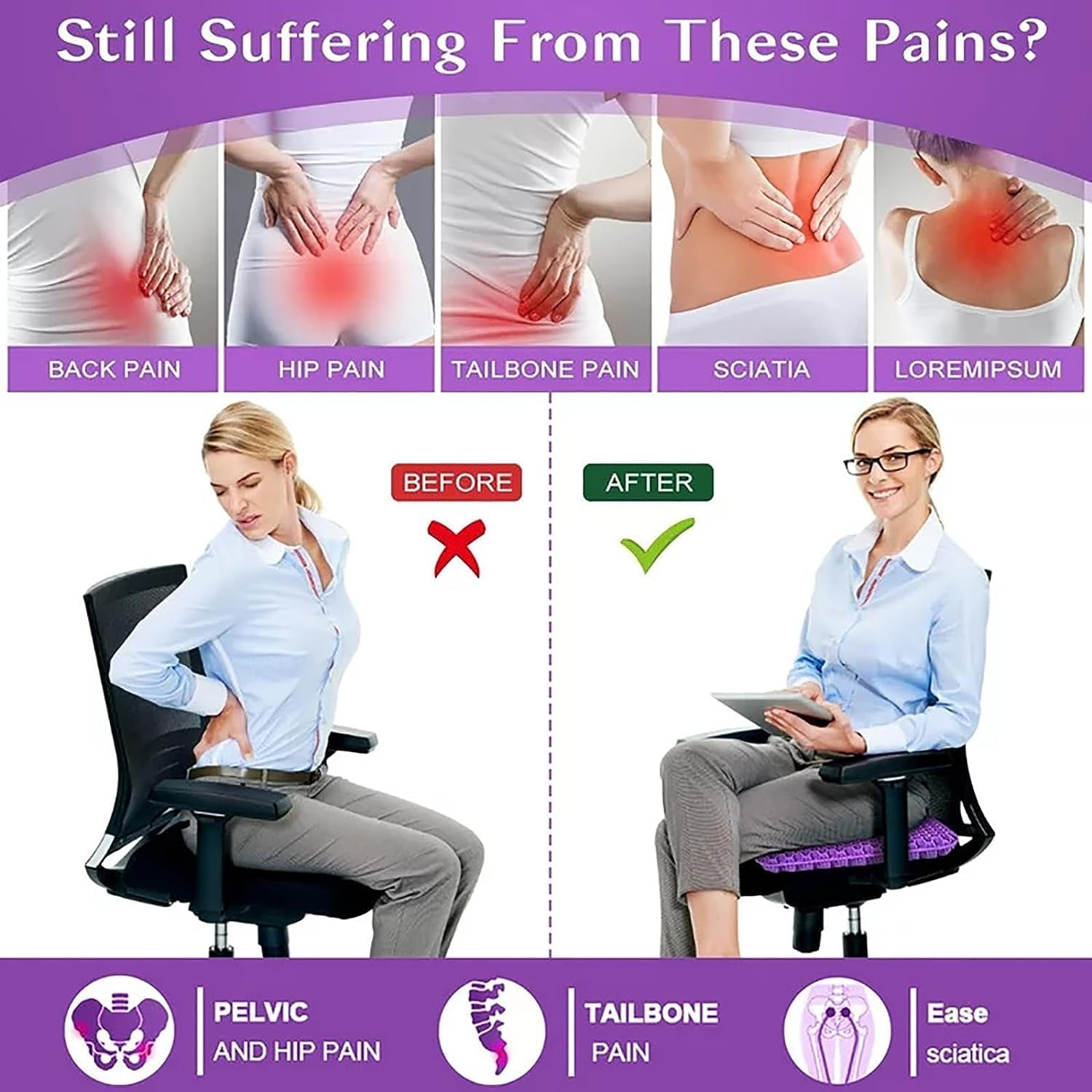 Gel Seat Cushion Pillow for Long Sitting – Office Chair Car Egg Seat Cushion with Non-Slip Cover for Back, Coccyx & Tailbone Pain Relief Pad - Pressure Reducing Honeycomb Designed for Comfort