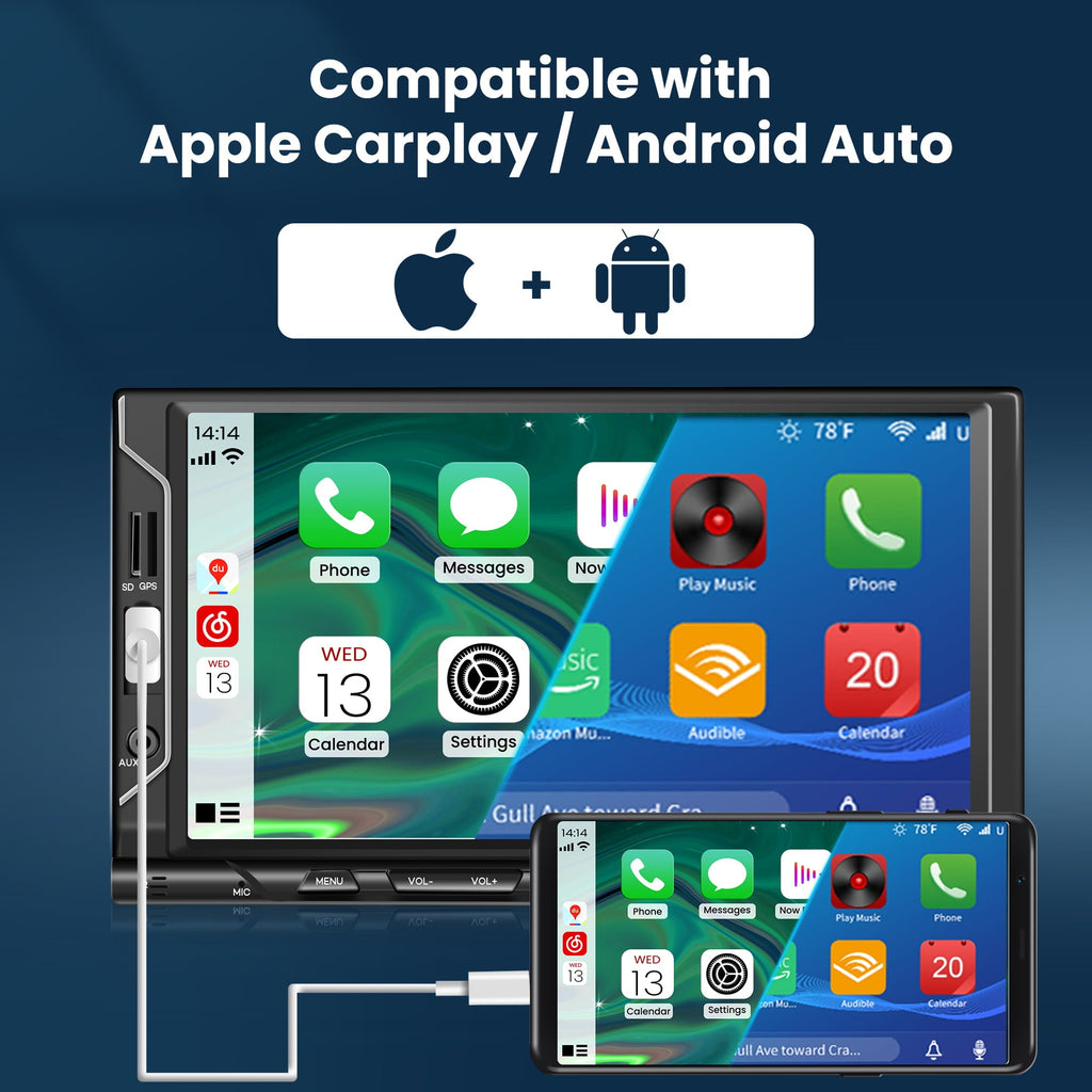 Double Din Car Stereo with Apple Carplay and Android Auto, Car Audio Receiver with Voice Control, 7 Inch Touchscreen Car Radio, Bluetooth, FM, AV in/USB Port, Mirror Link, Backup Camera