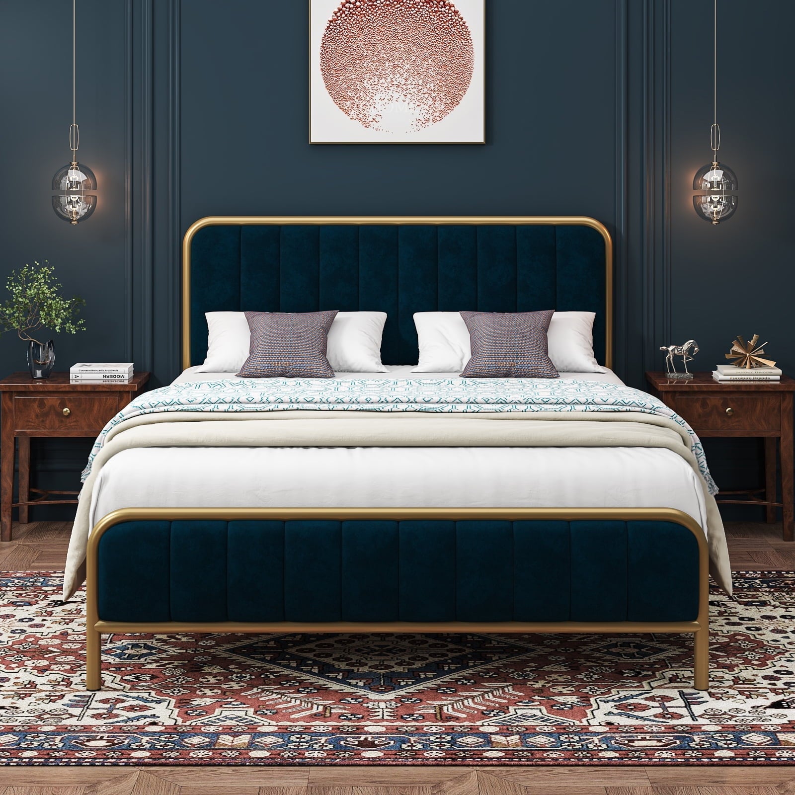 Homfa King Size Bed Frame, Round Metal Tube Heavy Duty Bed Frame with Tufted Upholstered Headboard, Gold and Blue