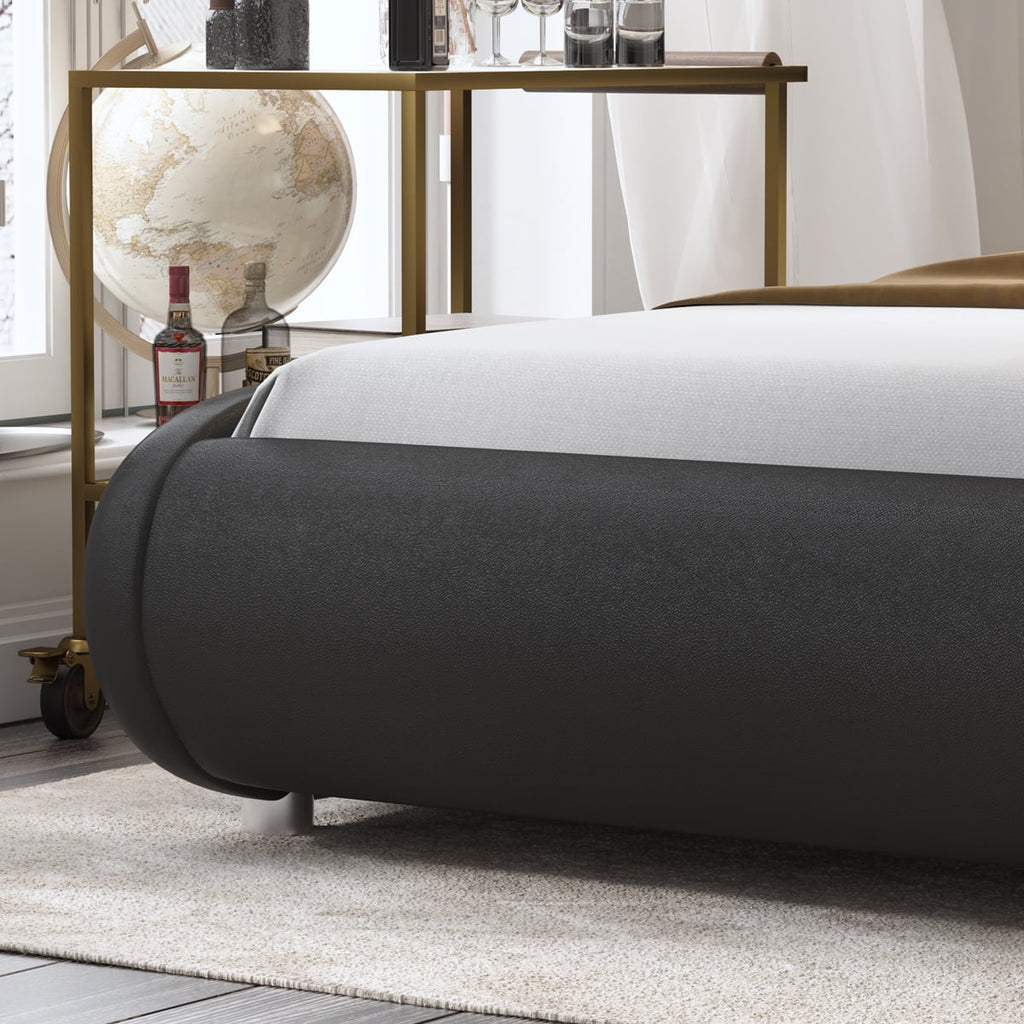 Amolife Queen Size Bed Frame with Curved Adjustable Headboard, Faux Leather Upholtered Platform Bed, Black