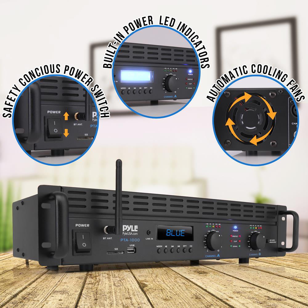 Pyle 2-Channel 2000W Bridgeable Rack Mount Pro Audio Sound Wireless Home Stereo Receiver Amplifier